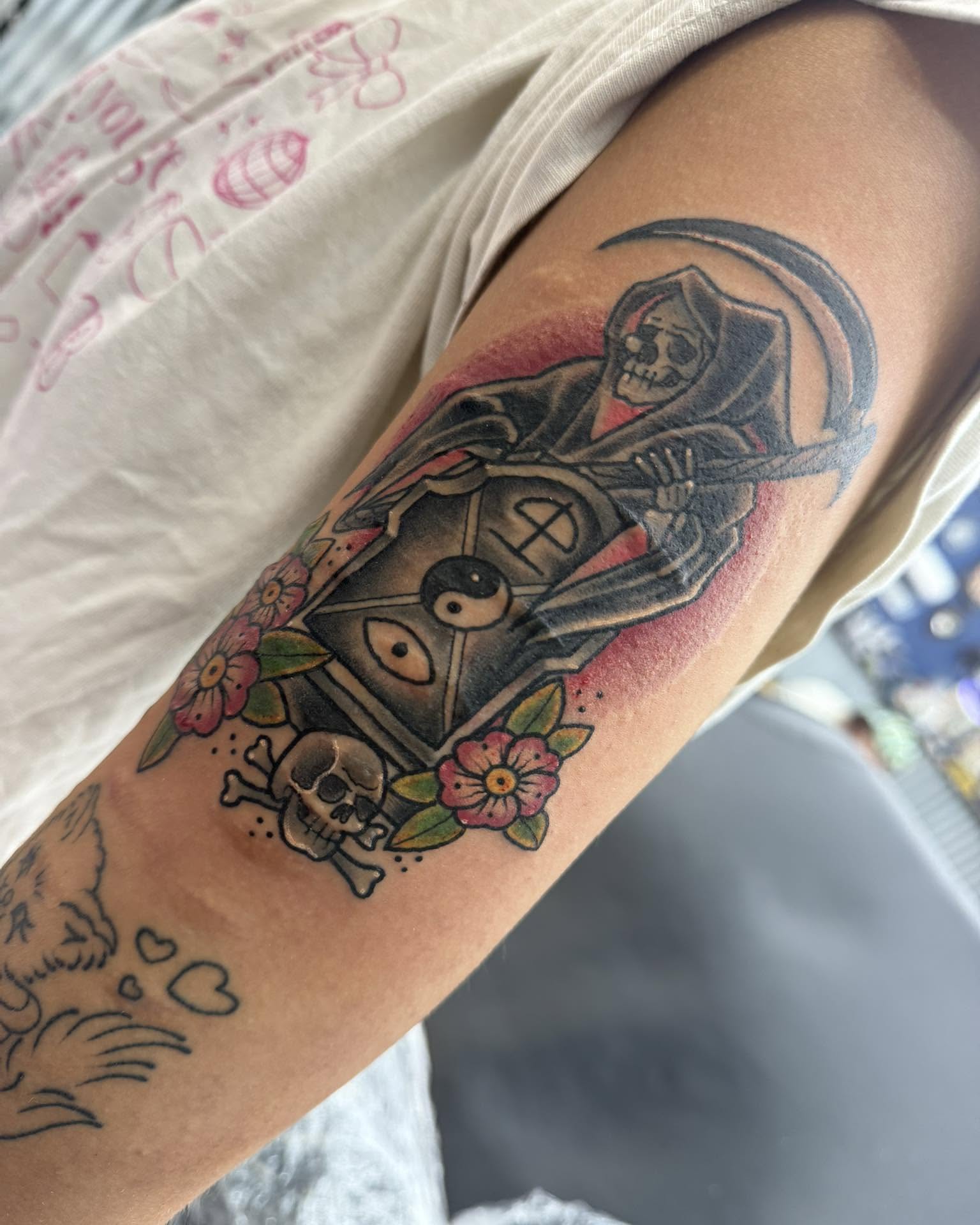 Grim reaper American traditional tattoo on the forearm by Autumn Fulford