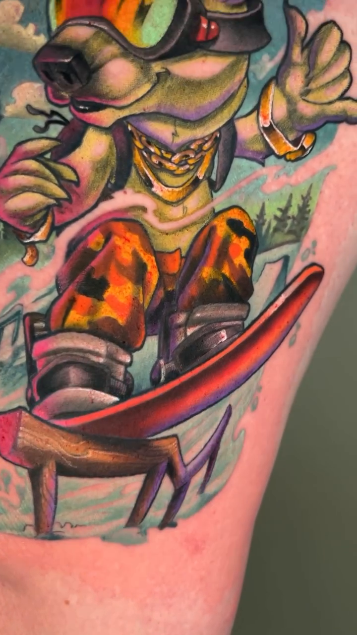 Anthropomorphic dog character snowboarding new school tattoo by Albuquerque Tattoo Artist, Albuquerque, New Mexico