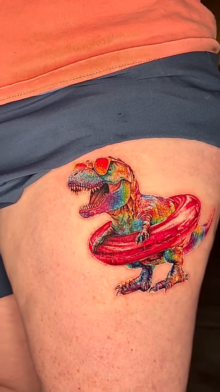T-rex and heart sunglasses new school tattoo by Jacee Hamilton