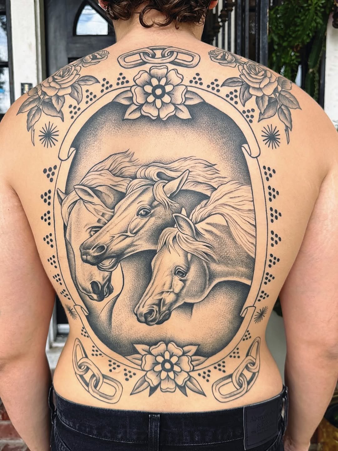 Three horses in a frame geometric tattoo on the back by π½πππππ π½πππππππ, New Orleans, Louisiana