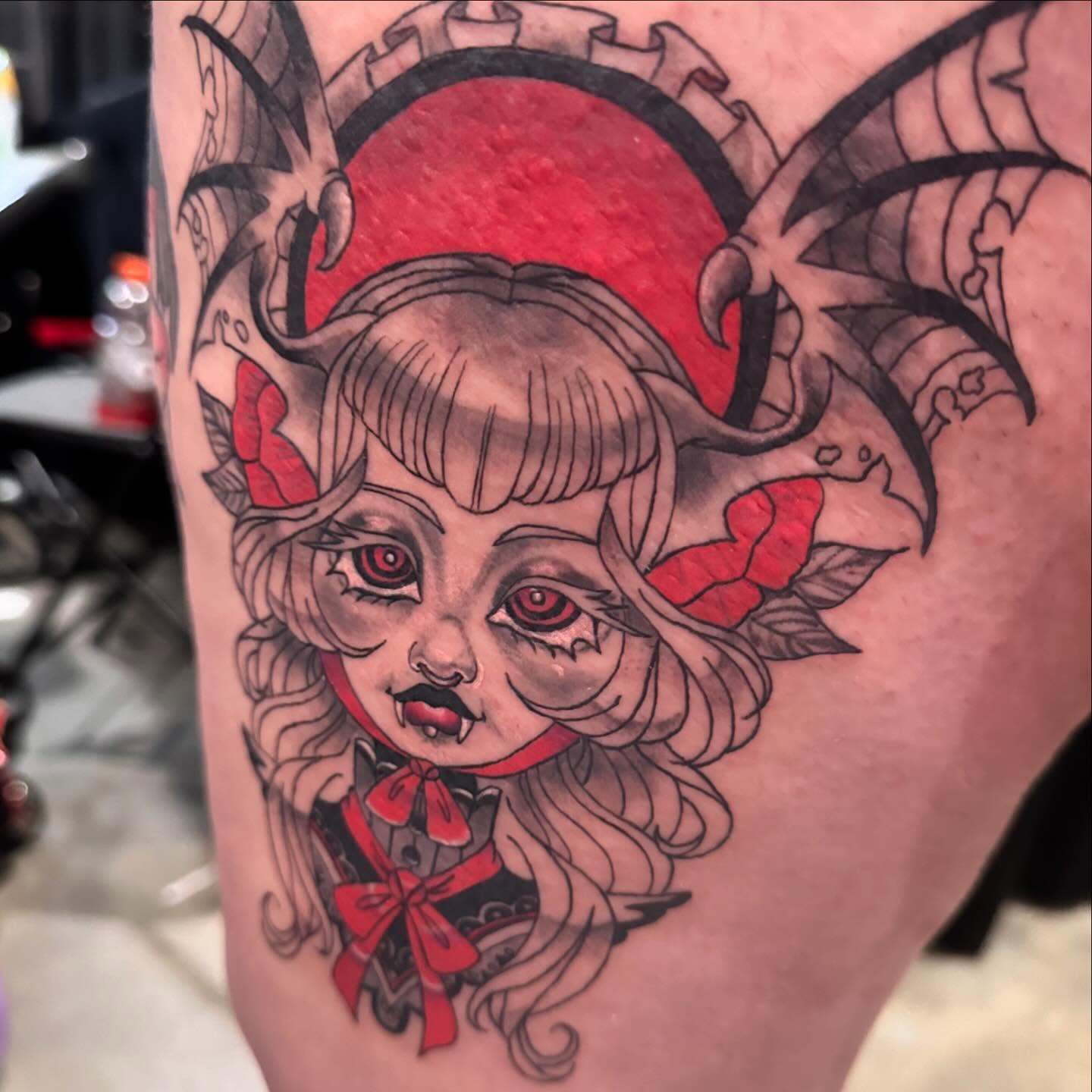 Vampire girl dark realism tattoo on the thigh by ✦ Louie ✦, Sterling Heights, Michigan