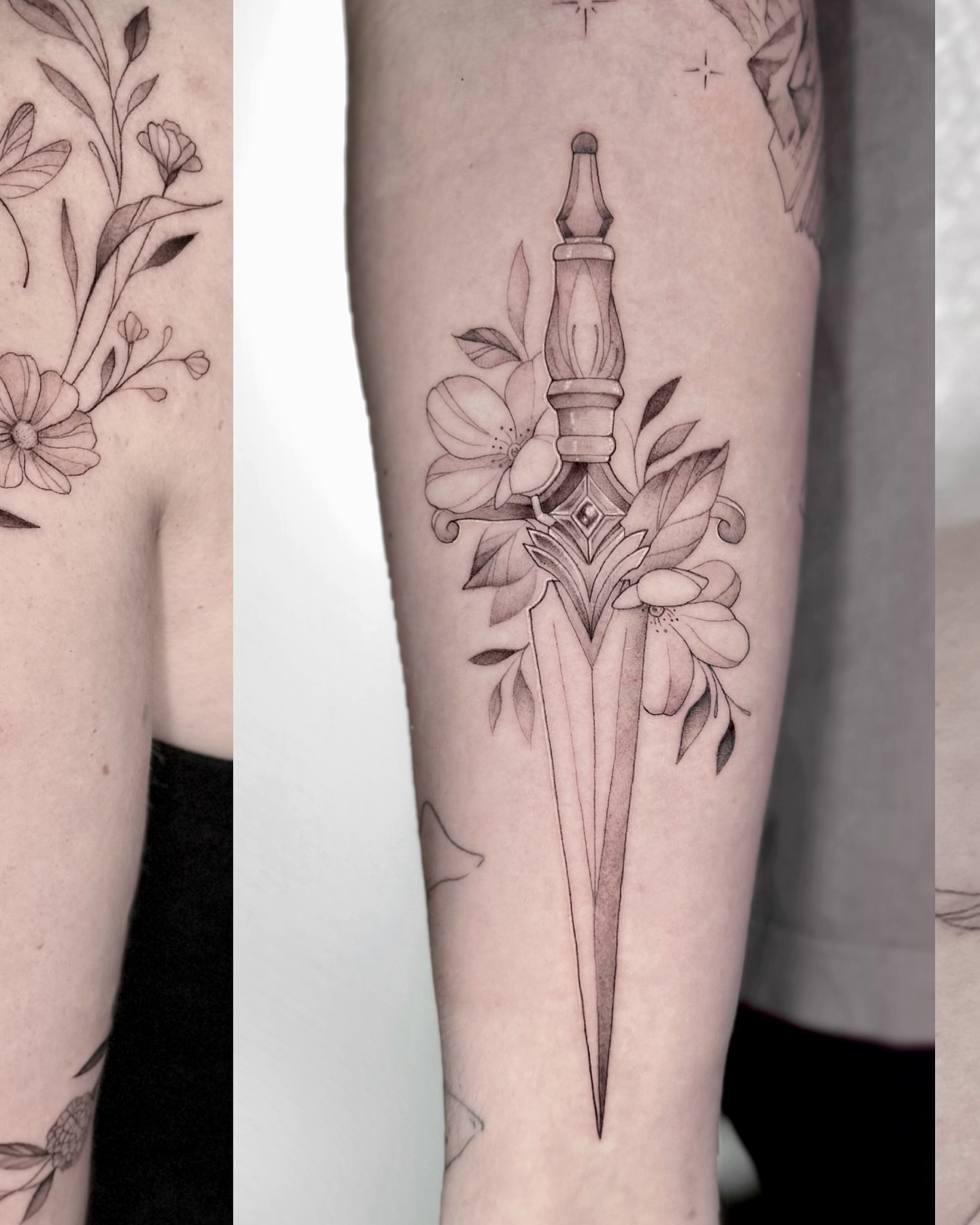 Sword and flowers geometric tattoo on the forearm by Jax Citriglia