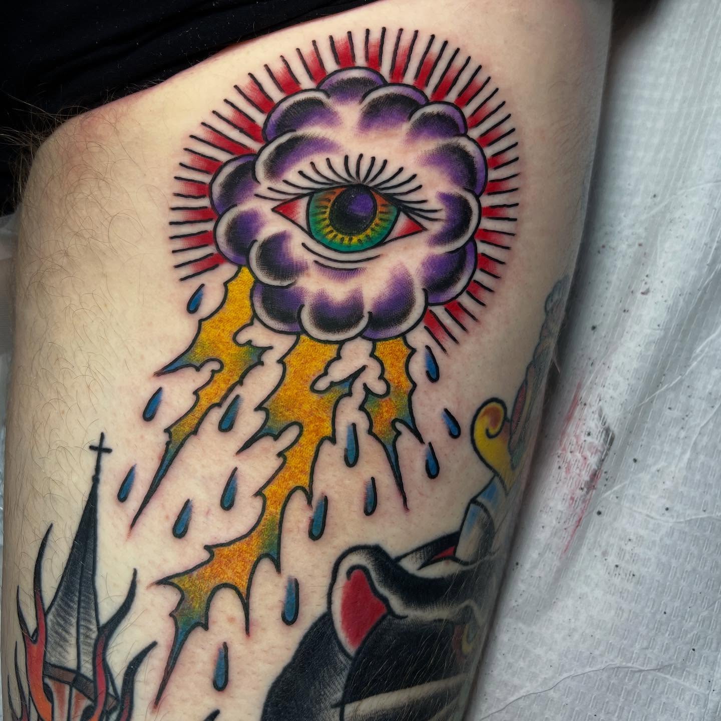 Eye and cloud American traditional tattoo on the thigh by doodle