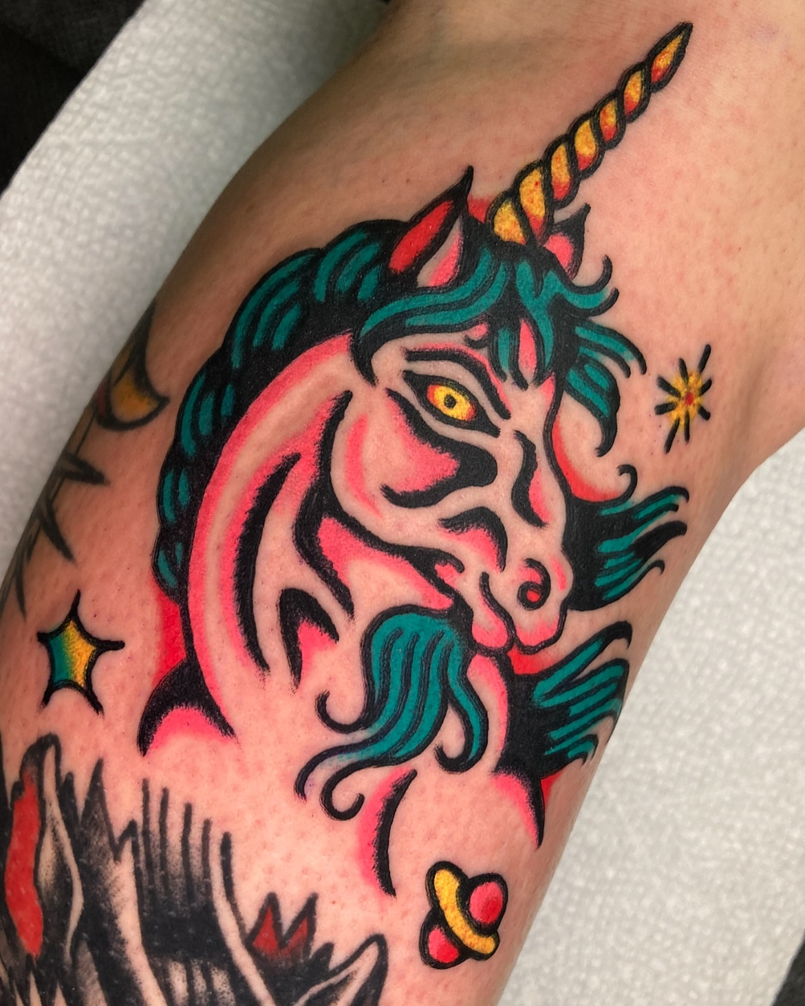 Unicorn American traditional tattoo on the forearm by π΅ππππ π¬ππππ