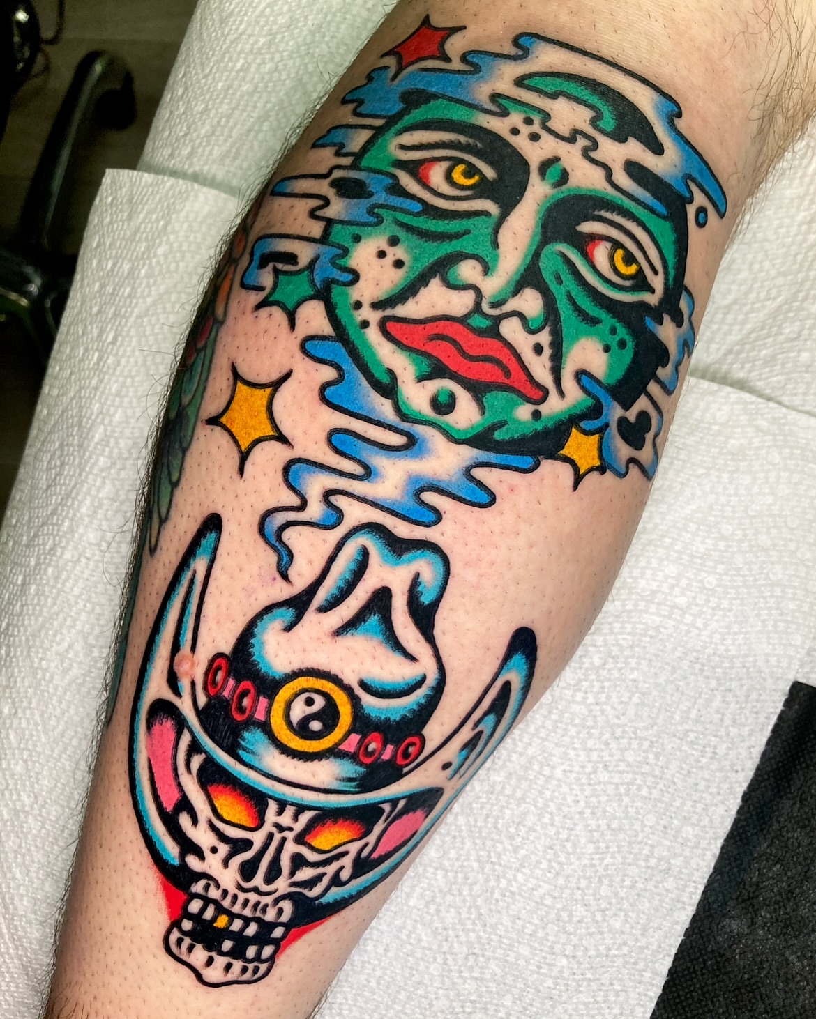 Skull and mask American traditional tattoo on the forearm by π΅ππππ π¬ππππ