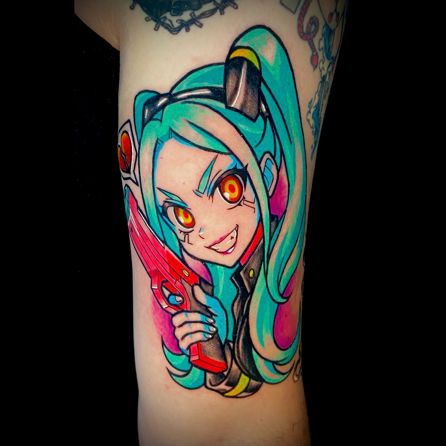 Anime character anime tattoo on the forearm by Vincent Figuccio