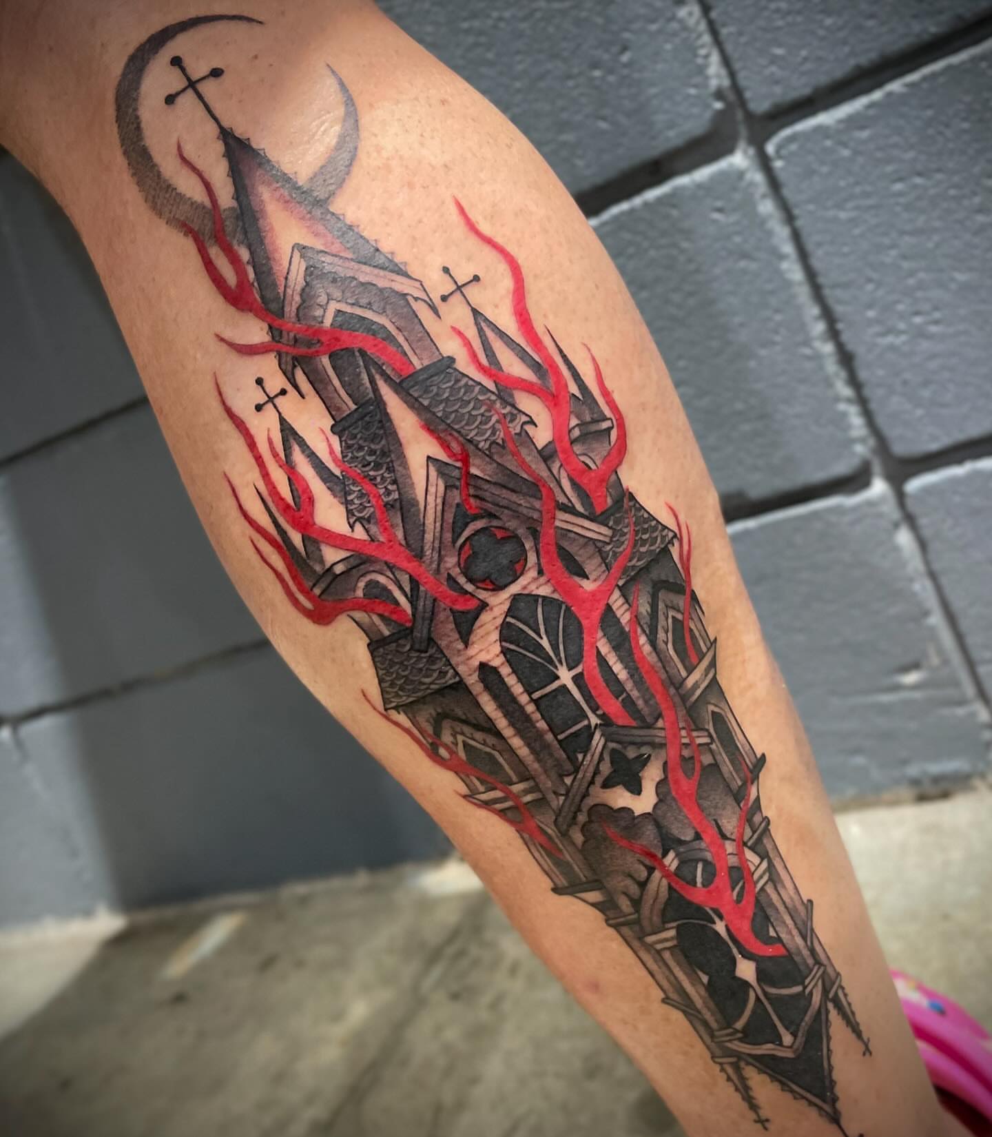 Church and flames neo-traditional tattoo on the forearm by Kathryn the Tooth Collector