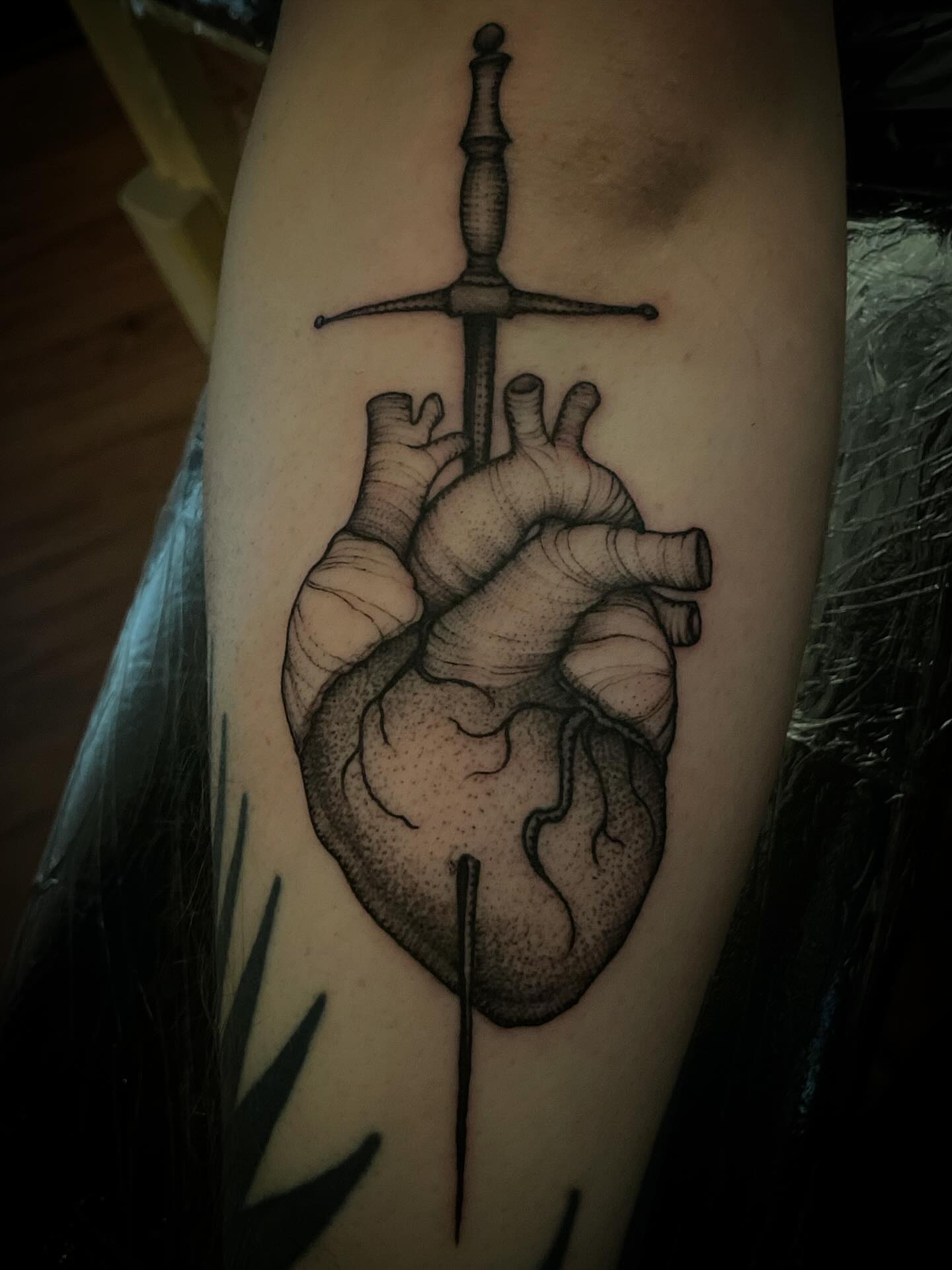 Heart with sword dotwork tattoo on the forearm by Jacob Kearney