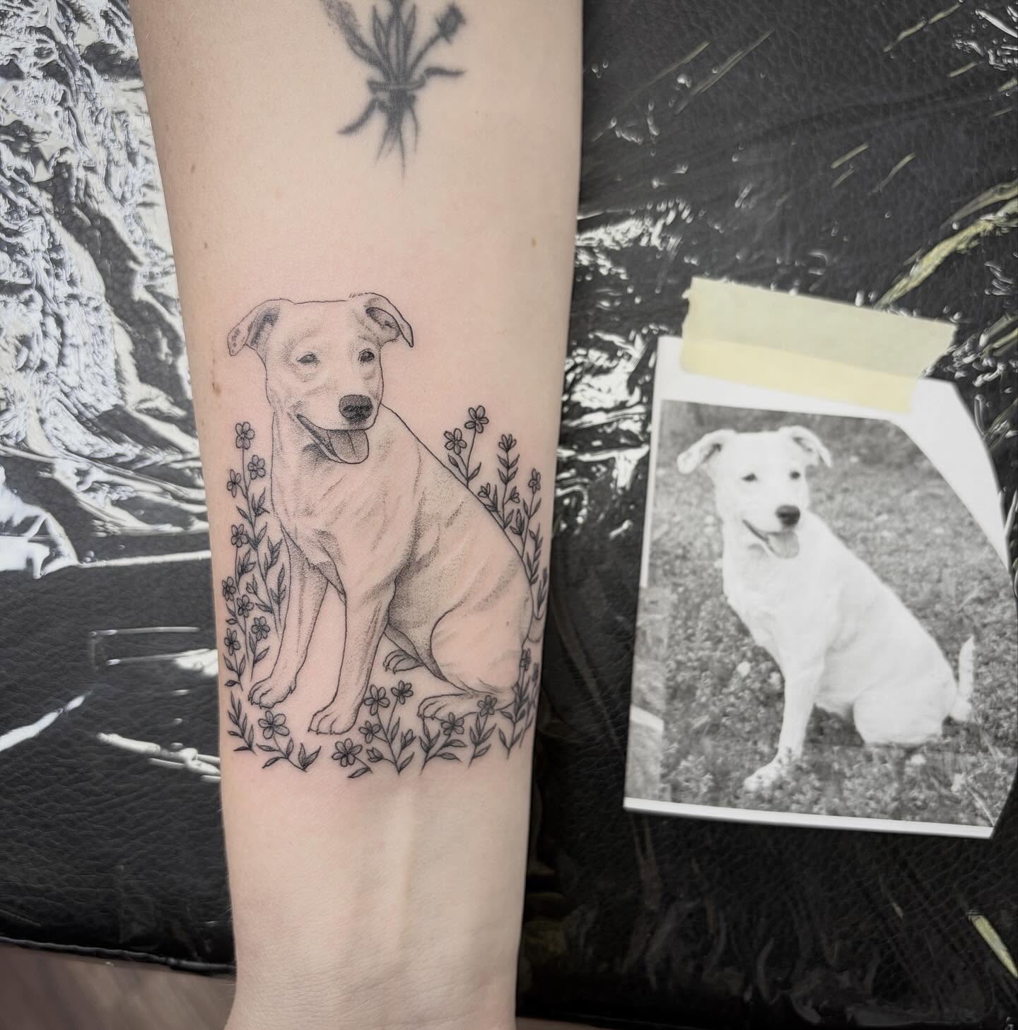 Dog with floral wreath realism tattoo on the forearm by Kelli Donegan ๐ท