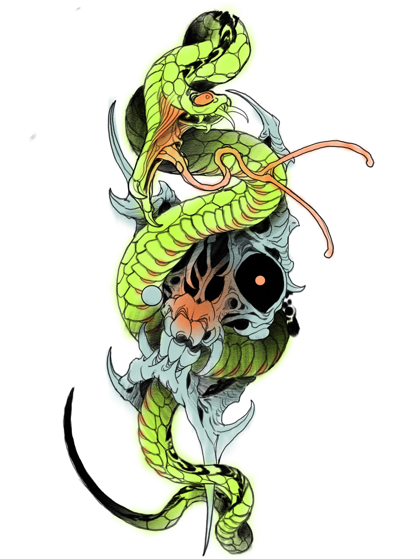 Snake and skull neo-traditional tattoo by Emmanuel Mendoza