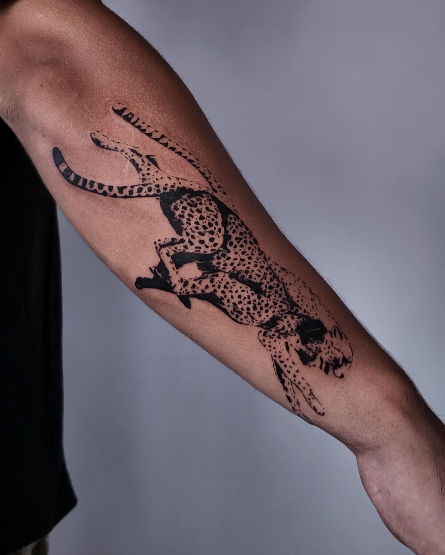 Cheetah black and grey tattoo on the forearm by Gabriel