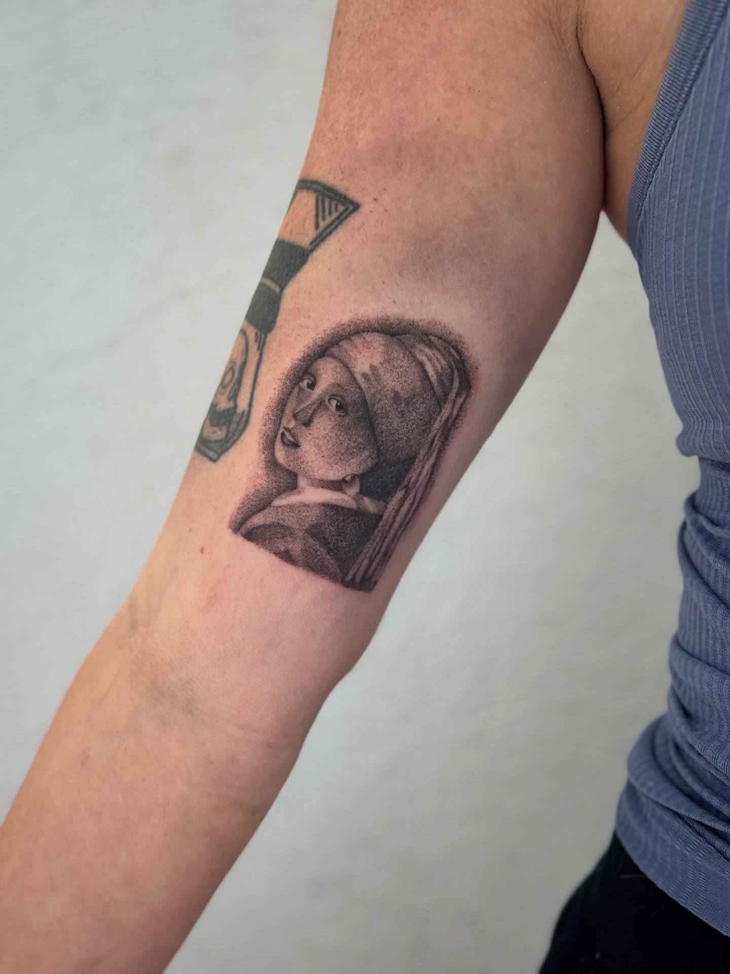 Portrait dotwork tattoo on the forearm by Karina ⋆⭒˚.⋆