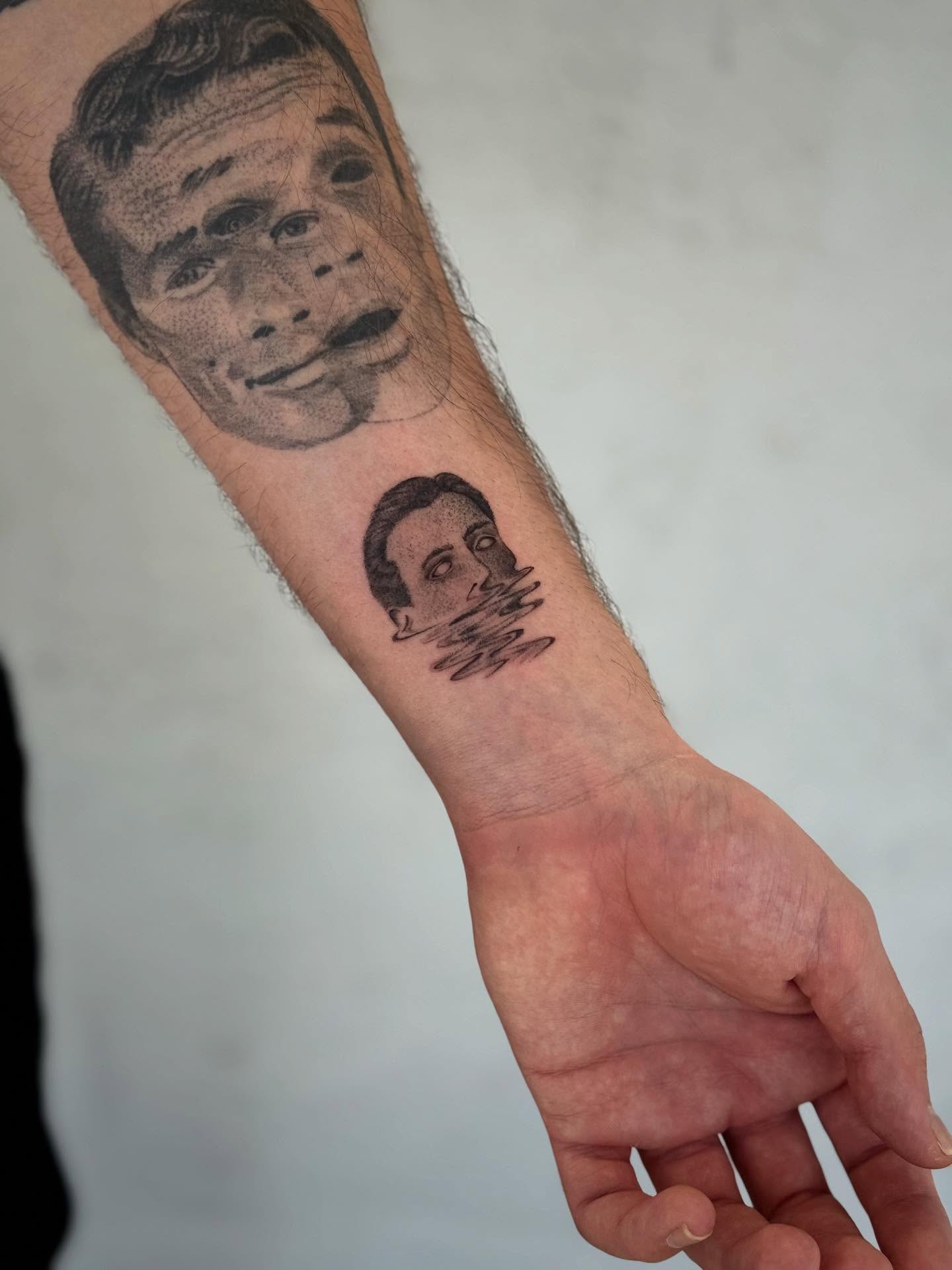 Portrait realism tattoo on the forearm by Karina ⋆⭒˚.⋆