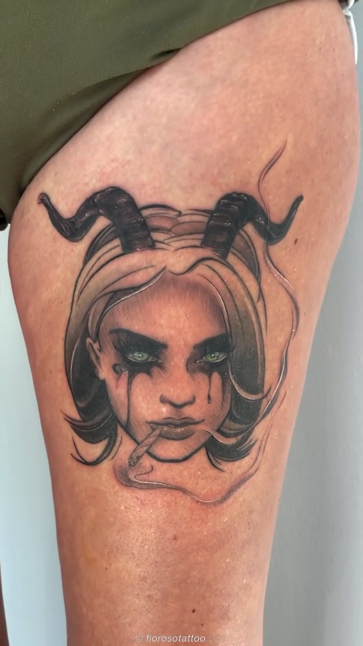 Demonic woman with horns realism tattoo on the thigh by Jonathan Paul Fiore, Austin, Texas