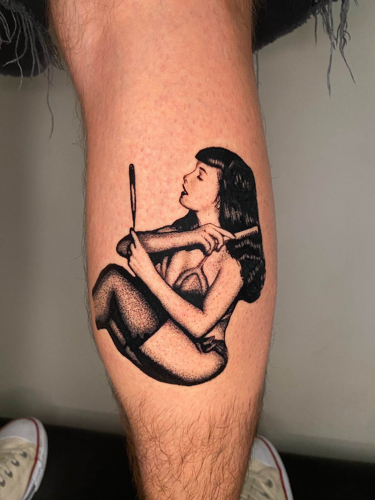 Naked woman dotwork tattoo on the forearm by Aidan Leery, Portland, Oregon