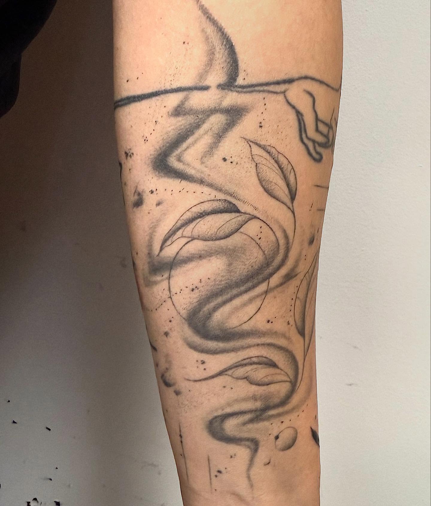 Snake black and grey tattoo on the forearm by Marjeline González🌈🌞