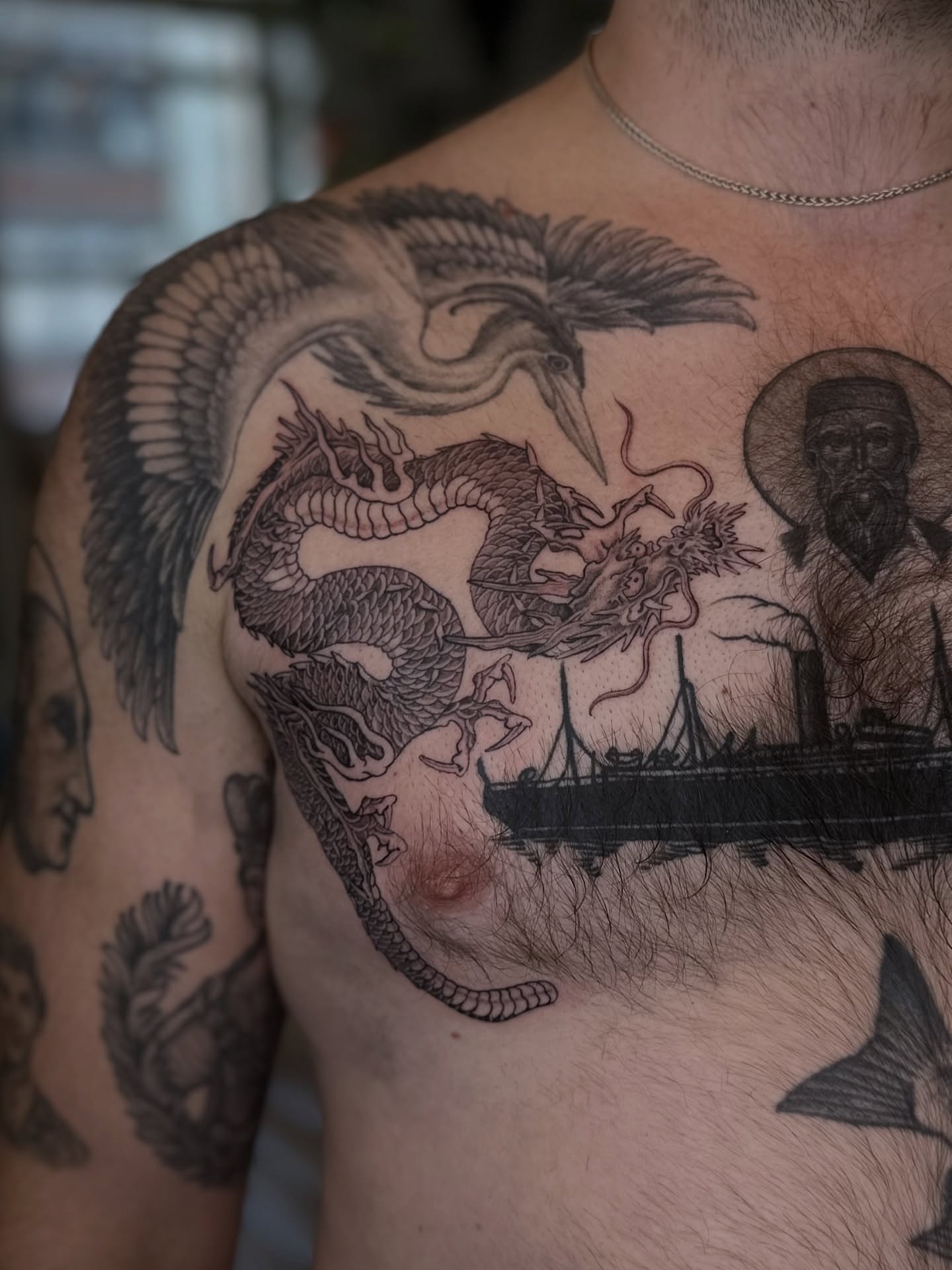 Dragon and crane black and grey tattoo on the chest by Адріянна Стабс 🇺🇦, New York, New York