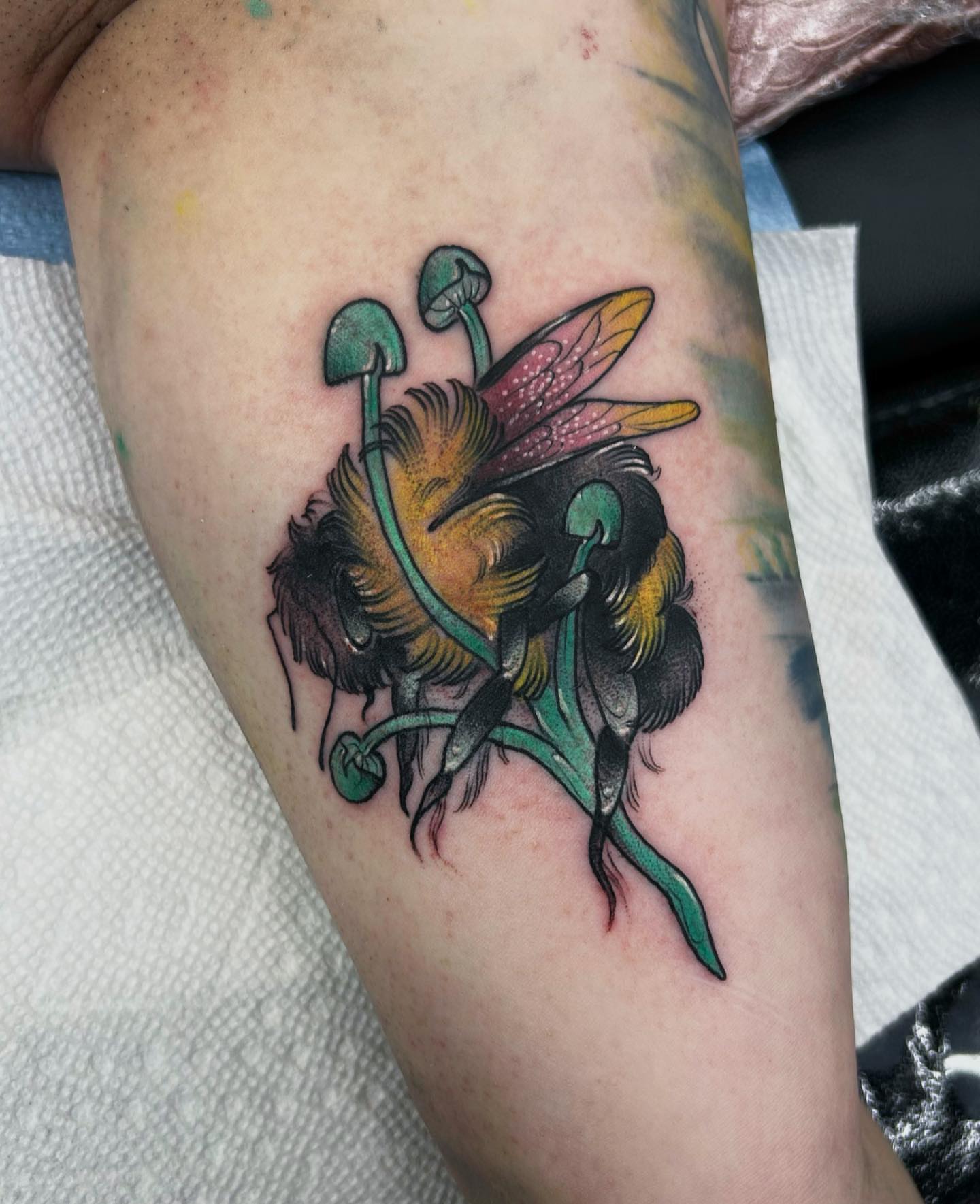 Bee and mushrooms new school tattoo on the forearm by Tatijana., Kettering, Ohio