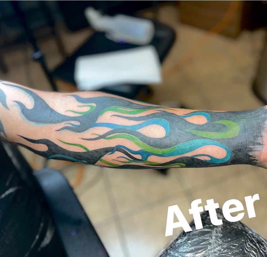 Flames new school tattoo on the forearm by Jessica DarkRabbit