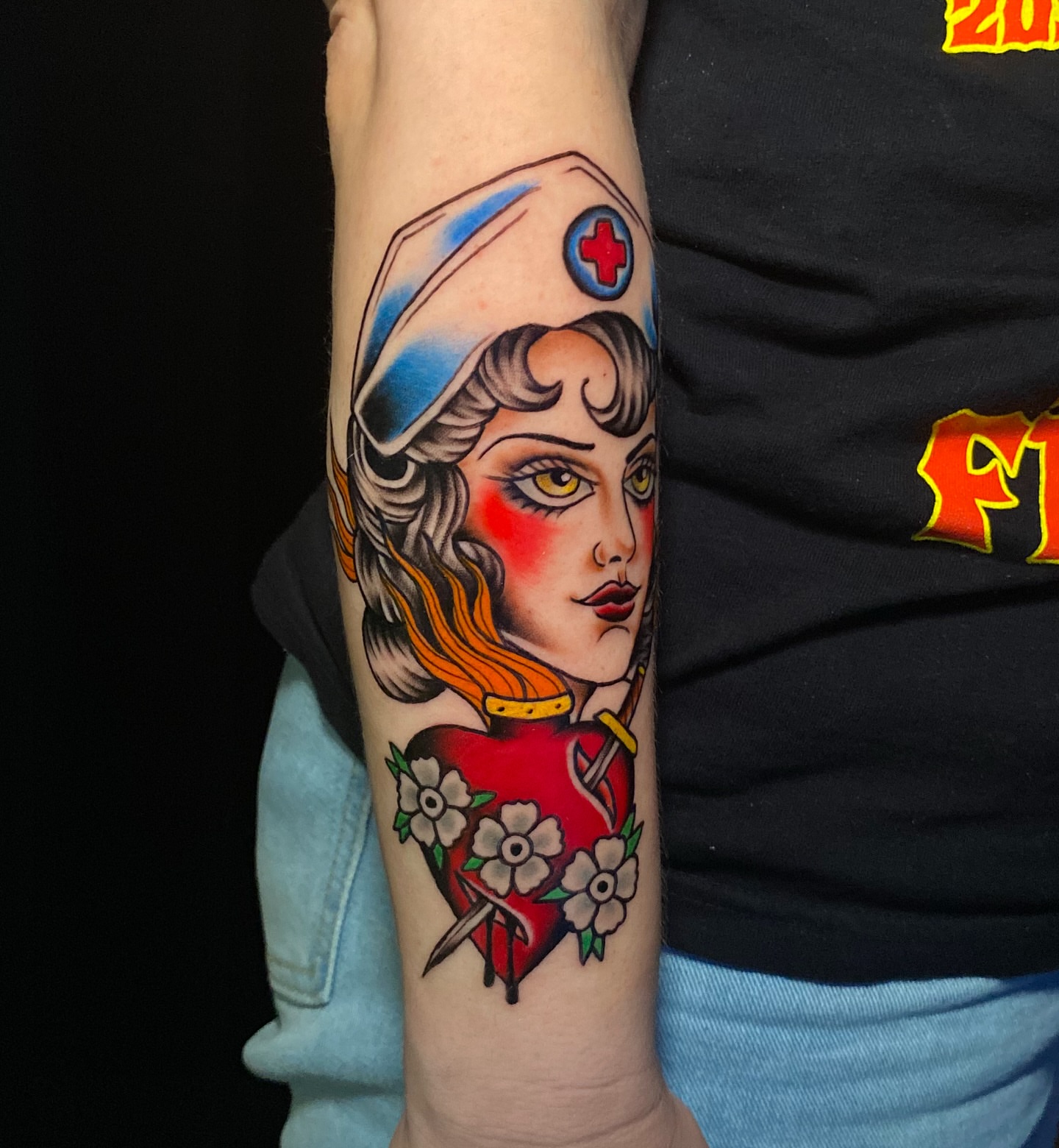 Nurse with heart American traditional tattoo on the forearm by Pablof 🕸️