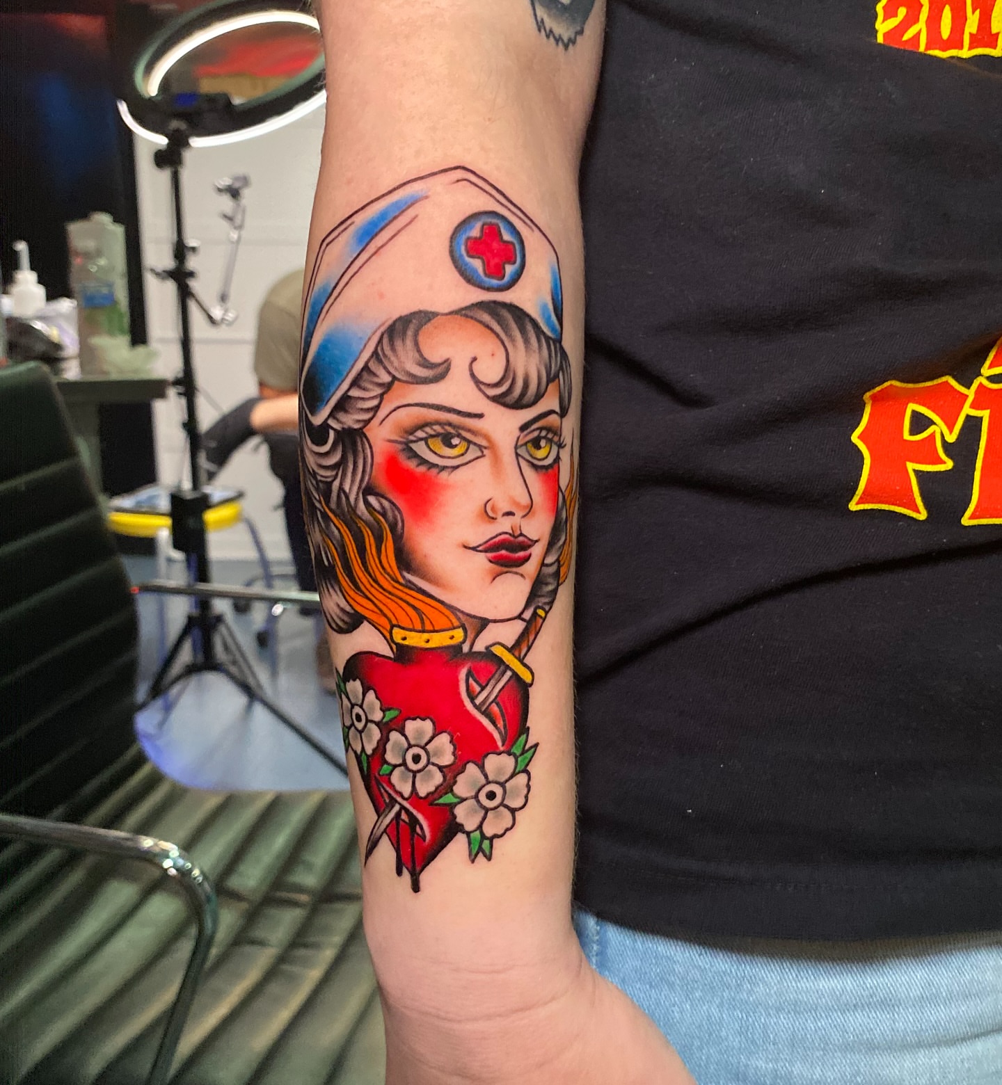 Nurse with heart American traditional tattoo on the forearm by Pablof 🕸️