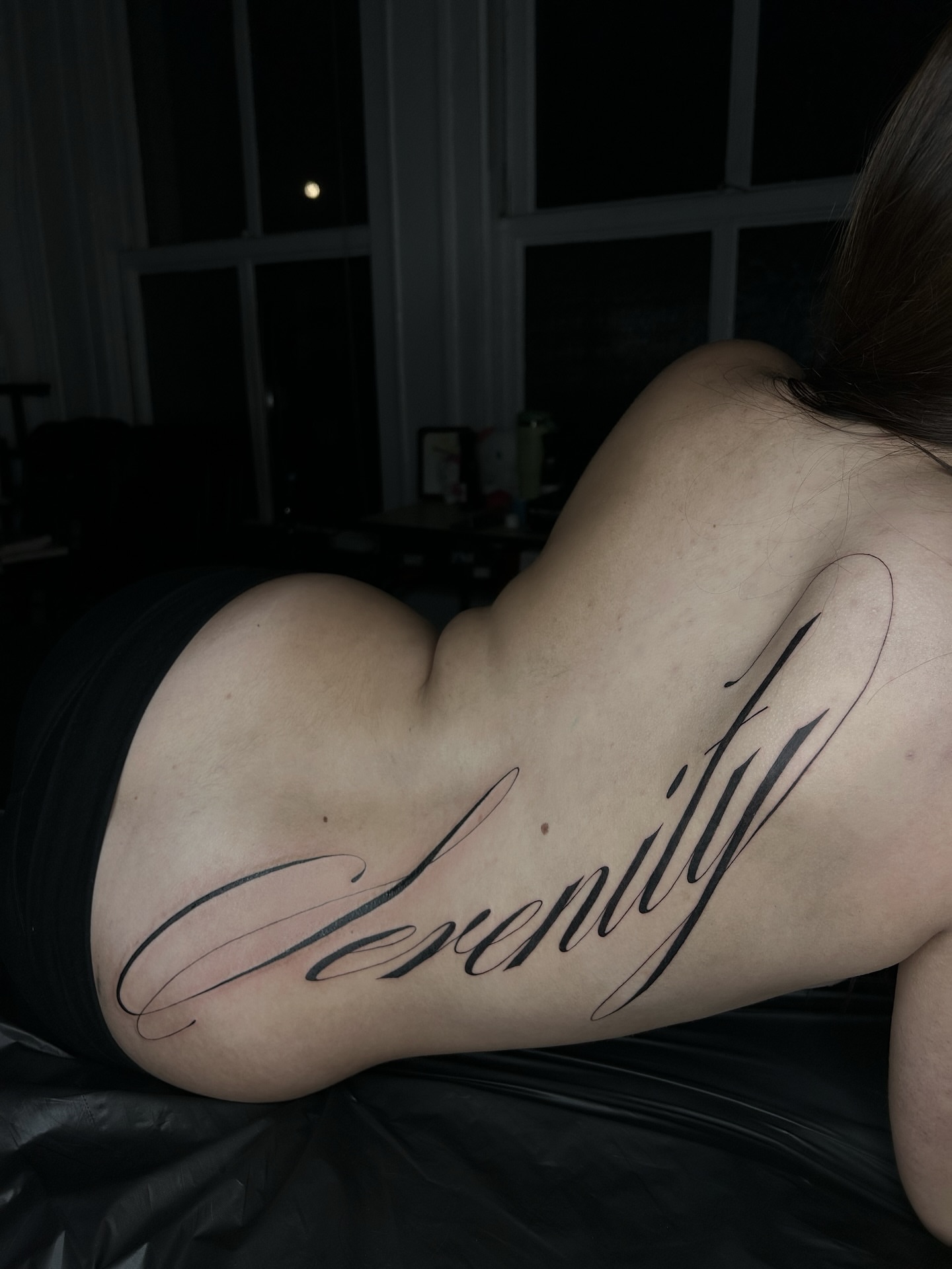 Serenity lettering script tattoo on the back by ✭ Elisa ✭