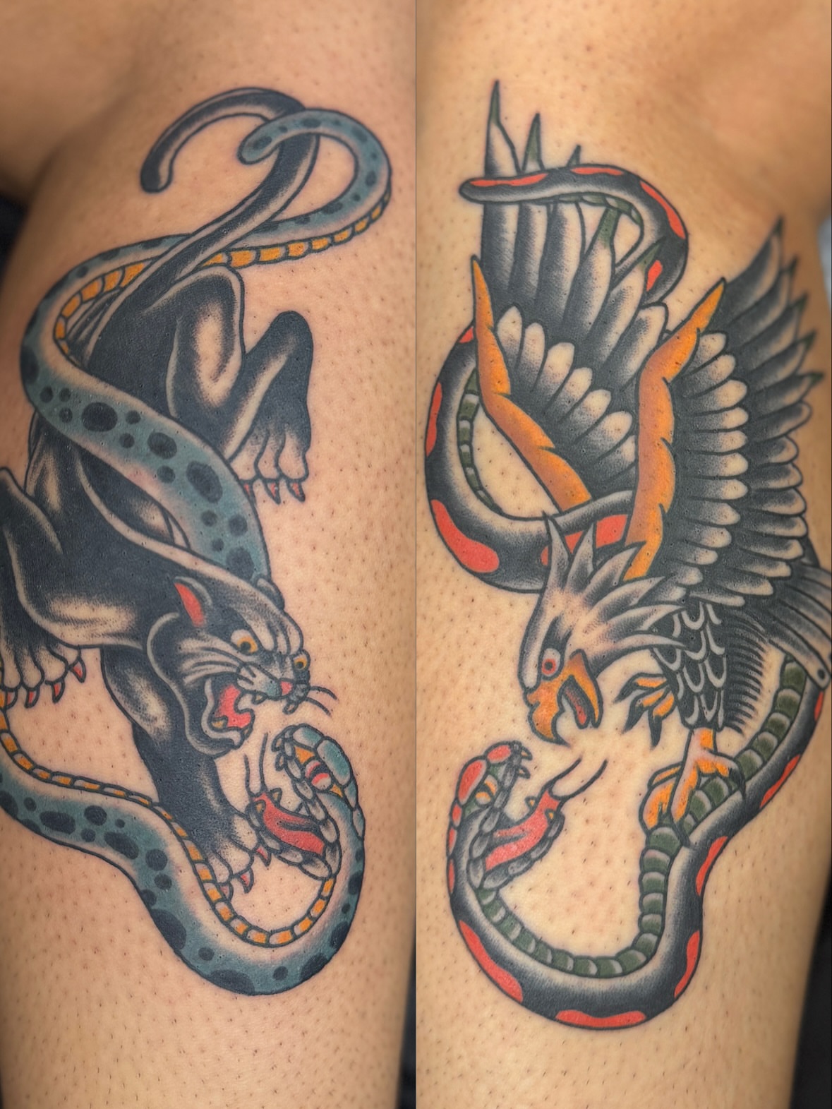 Snake and bird American traditional tattoo on the thigh by Sarah Pham