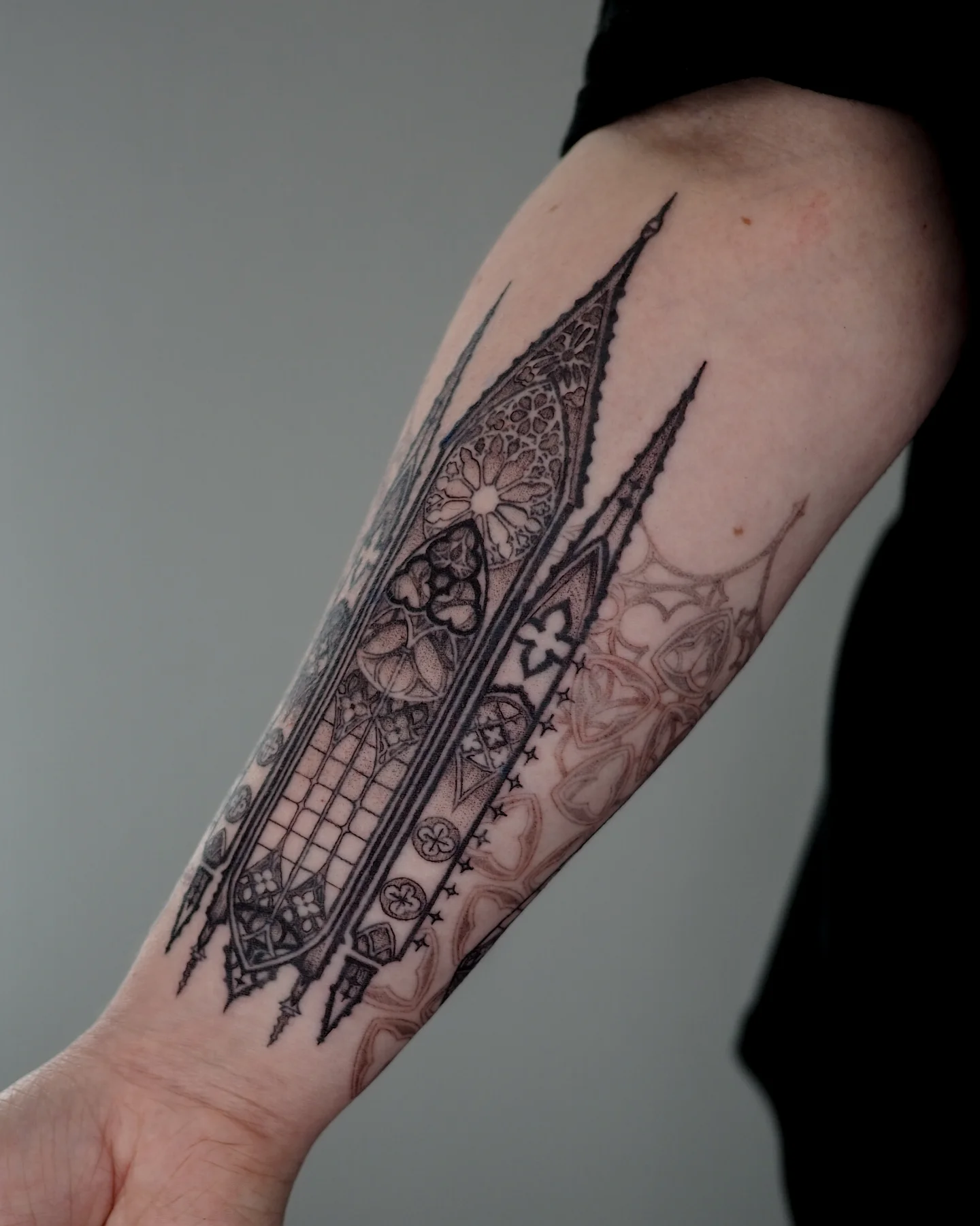 Gothic cathedral ornamental tattoo on the forearm by MK
