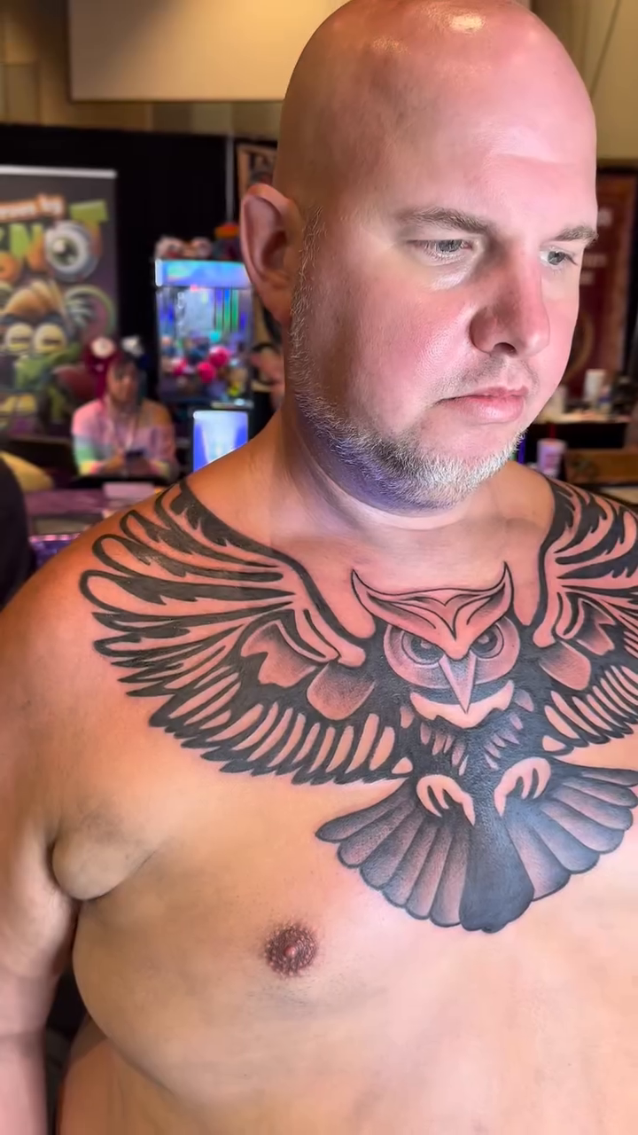 Owl chest piece realism tattoo by Myles Manuel Lopez, Phoenix, Arizona