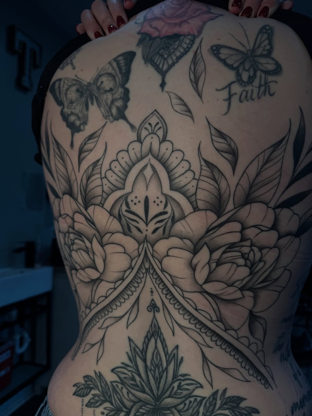 Ornamental floral back piece with butterflies geometric tattoo on the back by 𝔍𝔲𝔩𝔦𝔞, New York, New York