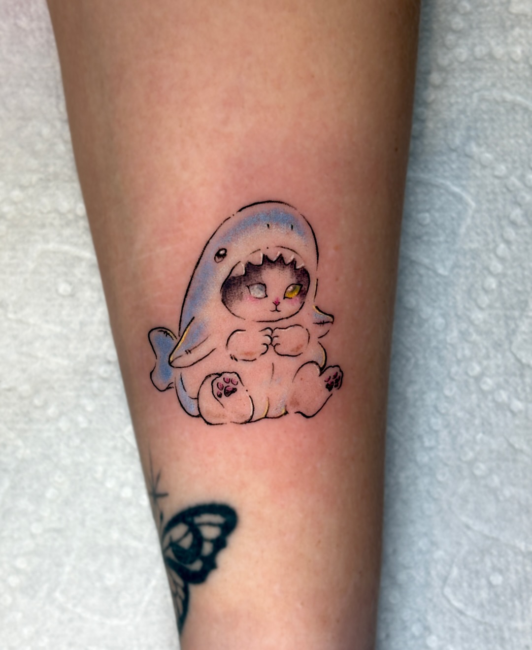 Cat shark dotwork tattoo on the forearm by jo, Wichita, Kansas