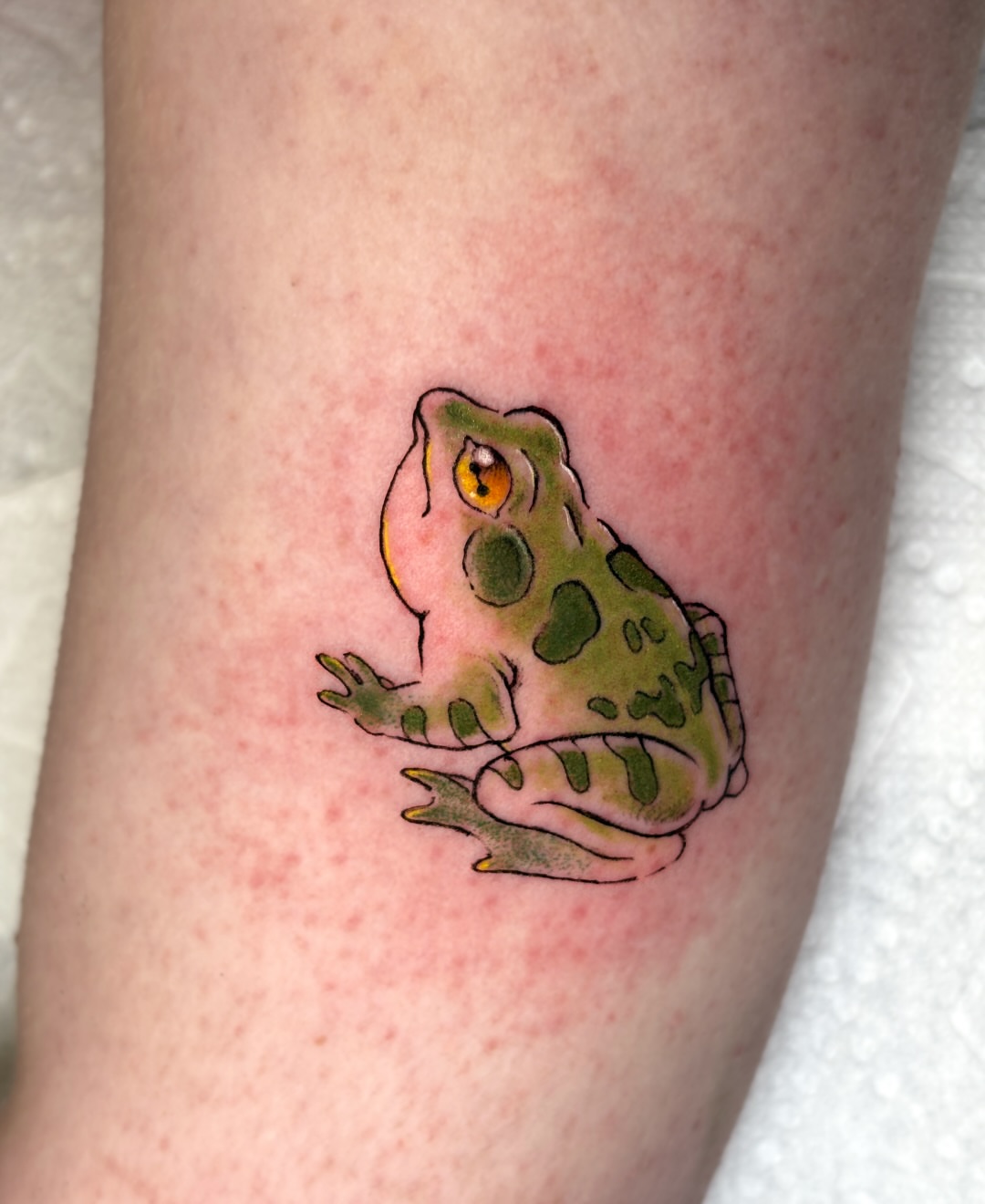 Frog new school tattoo on the forearm by jo, Wichita, Kansas