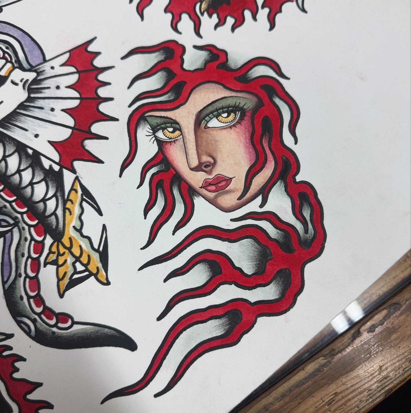 Medusa American traditional tattoo by Ernie Rivera