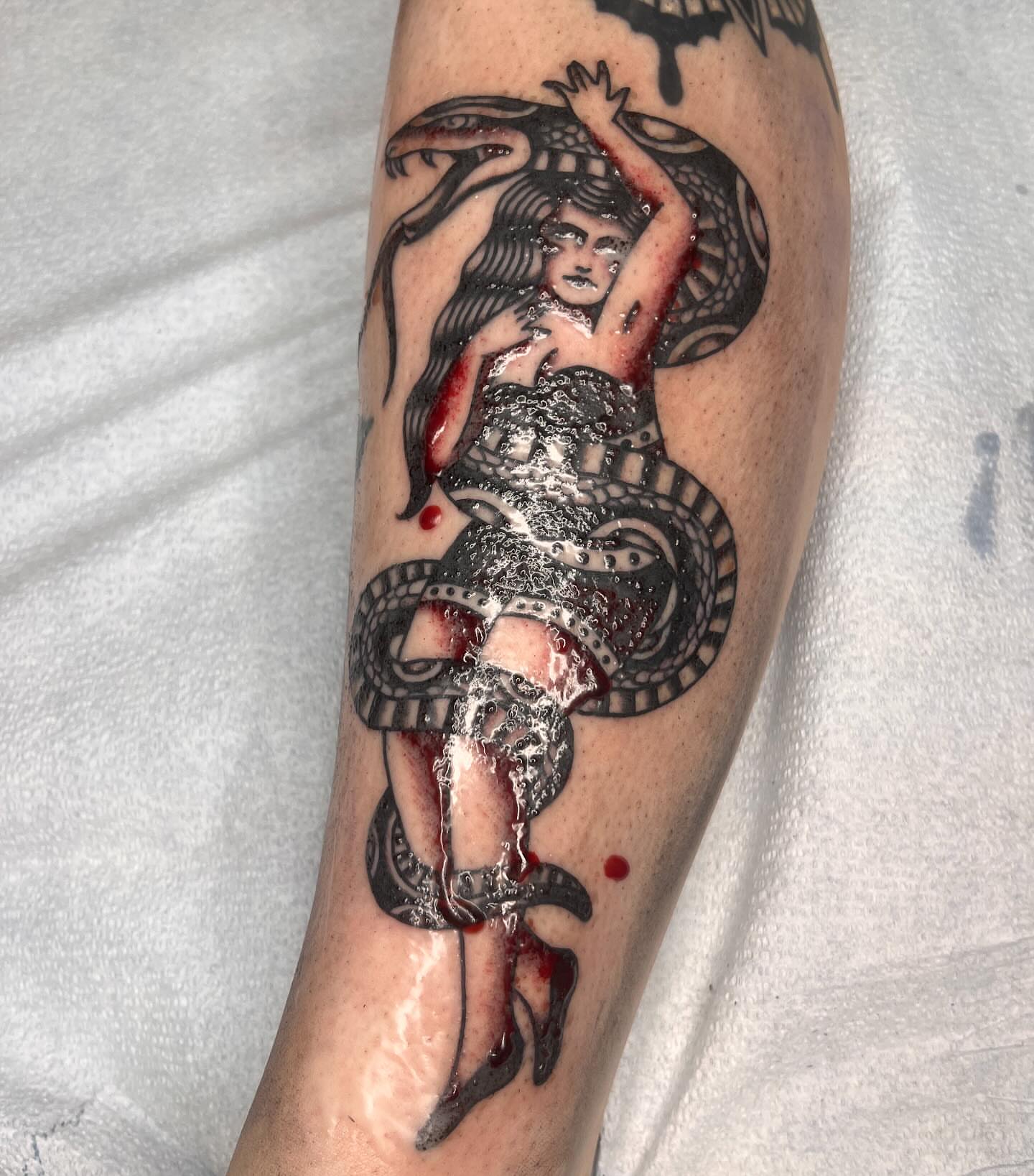 Mermaid and snake neo-traditional tattoo on the forearm by Nicole💀, Salt Lake City, Utah