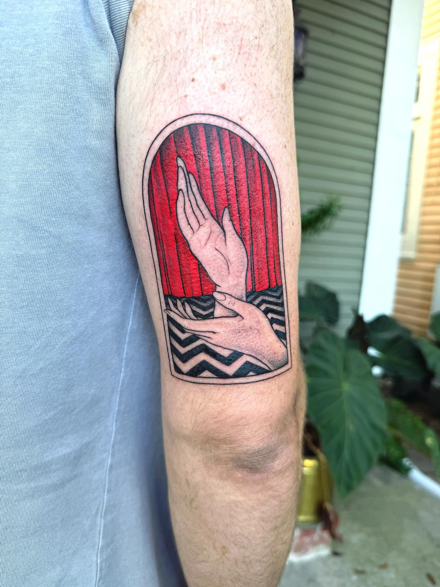 Hands and red curtain geometric tattoo on the forearm by π½πππππ π½πππππππ, New Orleans, Louisiana