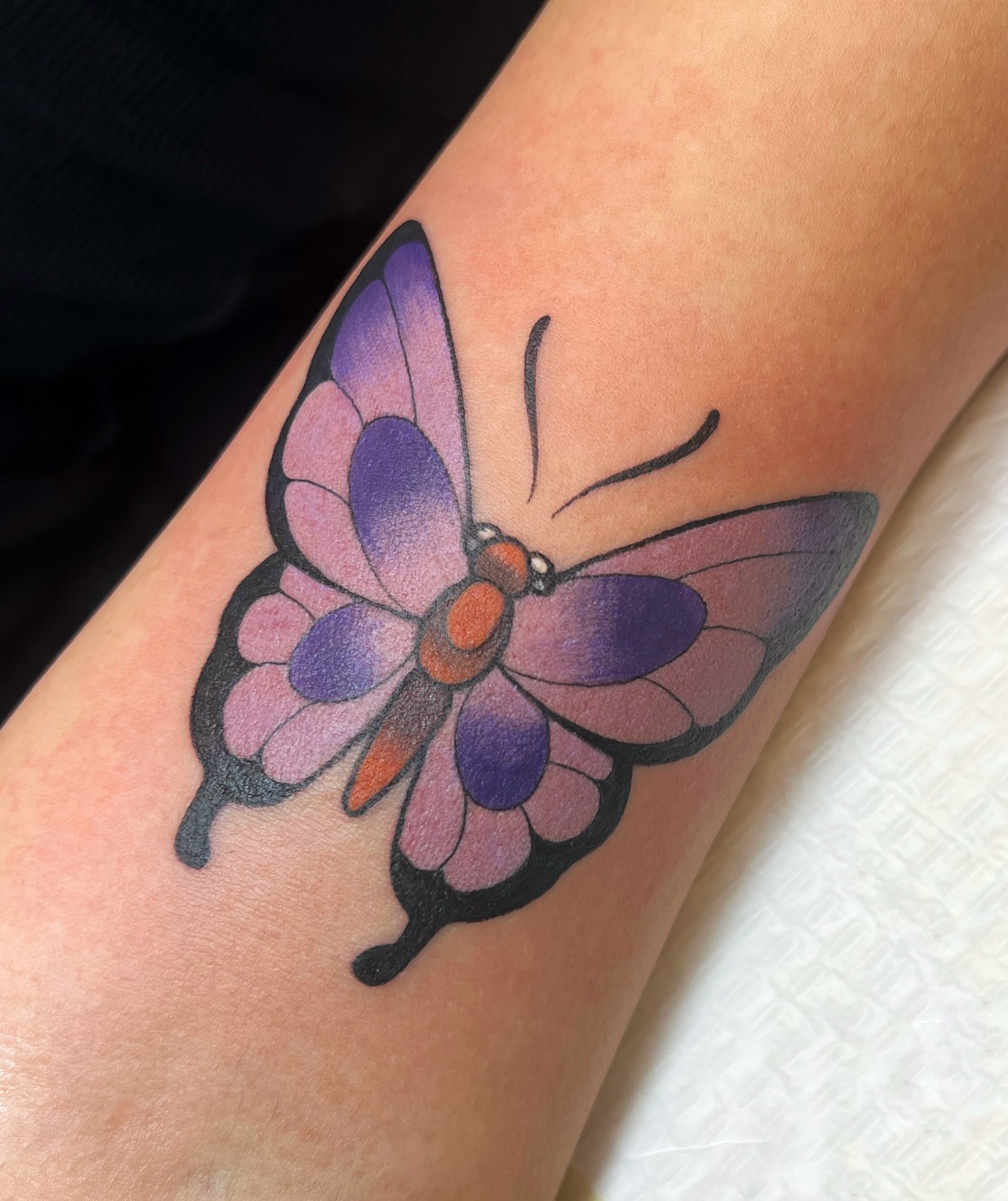 Butterfly new school tattoo on the forearm by zoey sage ✦