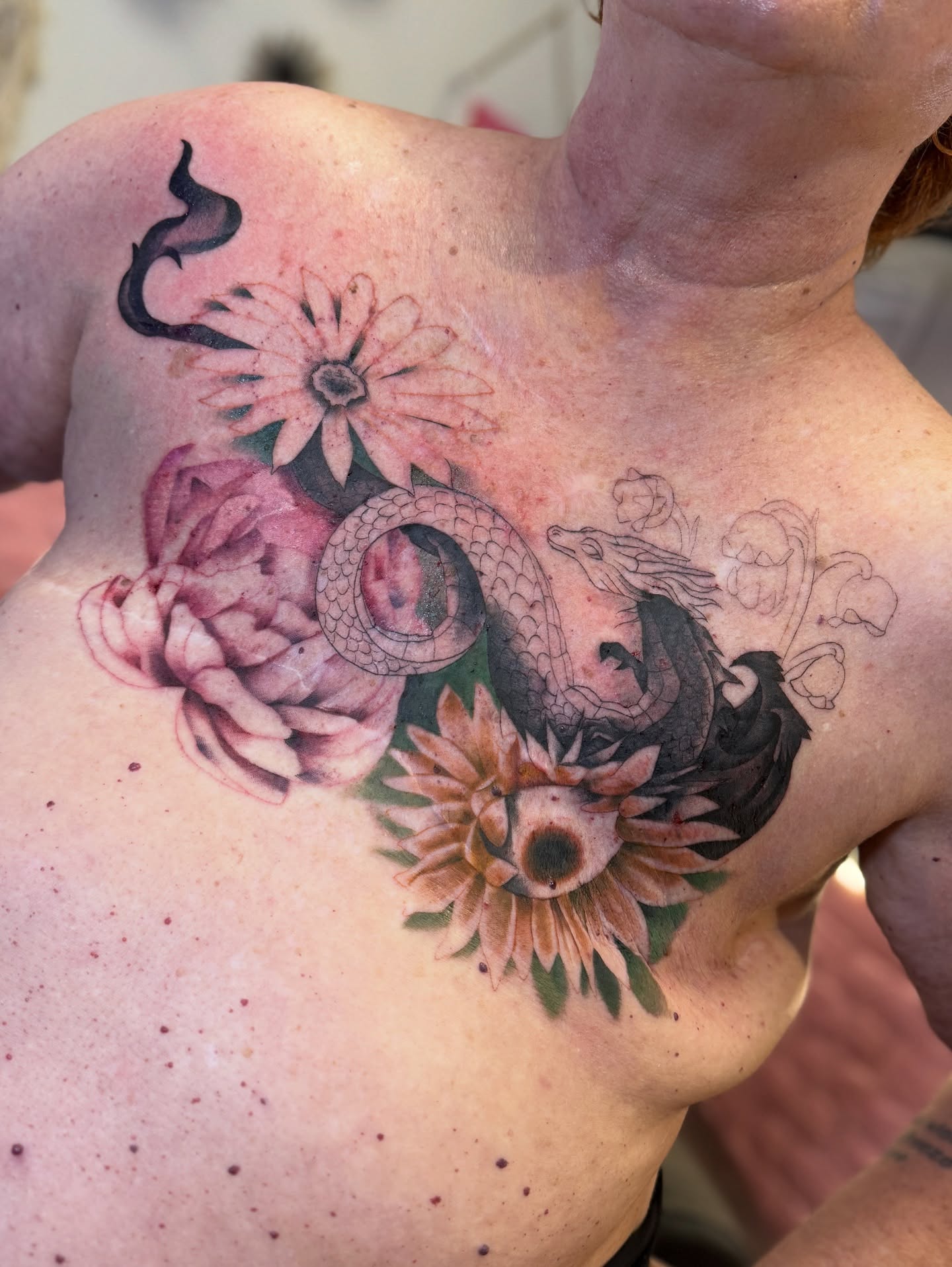 Dragon and flowers japanese irezumi tattoo on the chest by Kbryanttattoos, Ohio City, Ohio