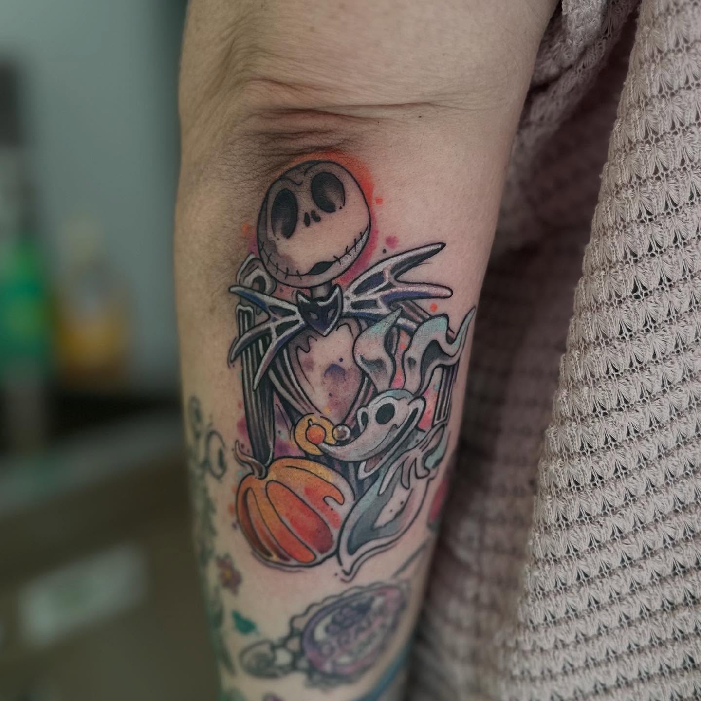 Jack Skellington dotwork tattoo on the forearm by Abigail Townsend