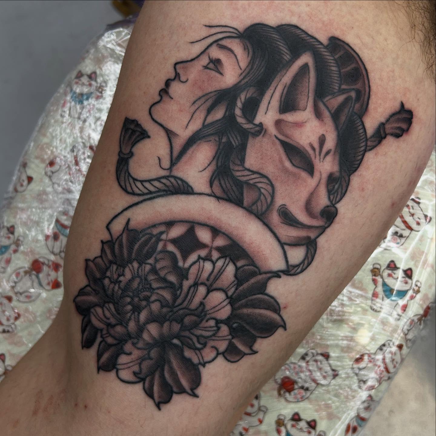 Woman and fox realism tattoo on the forearm by Abby Watts, Columbus, Ohio