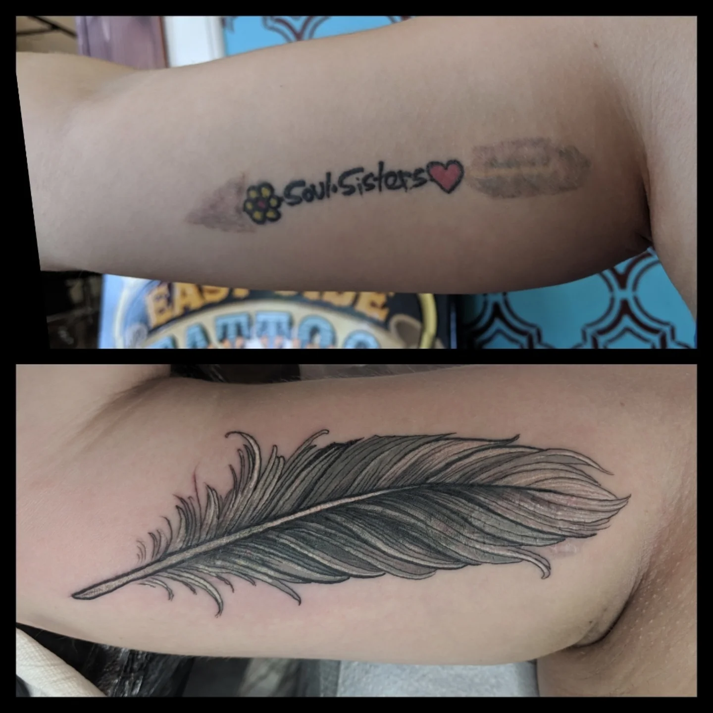 Feather black and grey tattoo on the forearm by Ashton Allen-Ruiz, Portland, Oregon