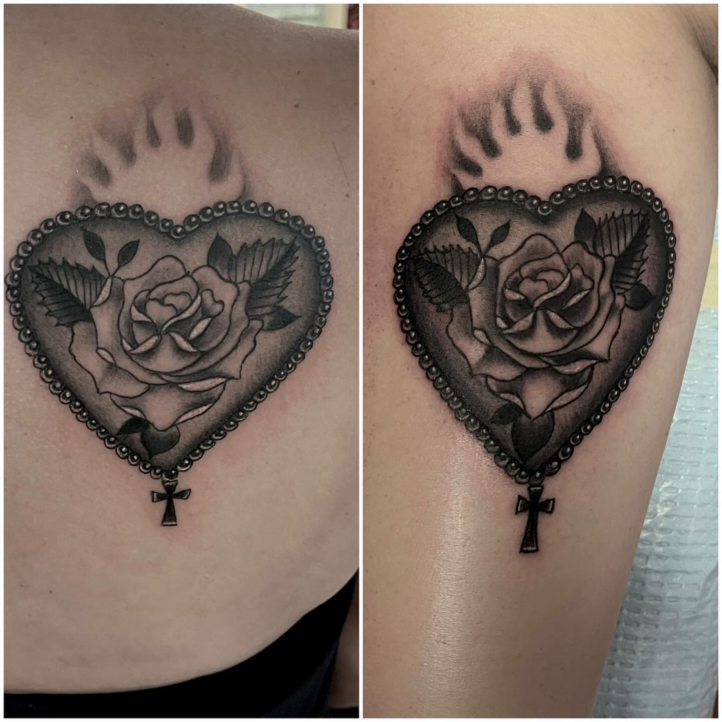 Heart with rose American traditional tattoo on the chest by Ashly Hutchens, Richmond, Virginia
