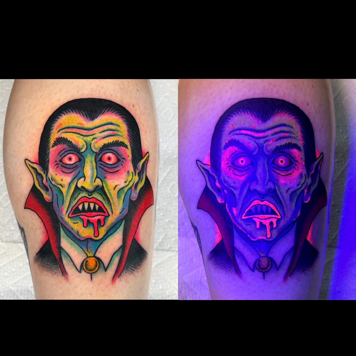 Vampire dark realism tattoo on the thigh by Randy Conner, Portland, Oregon