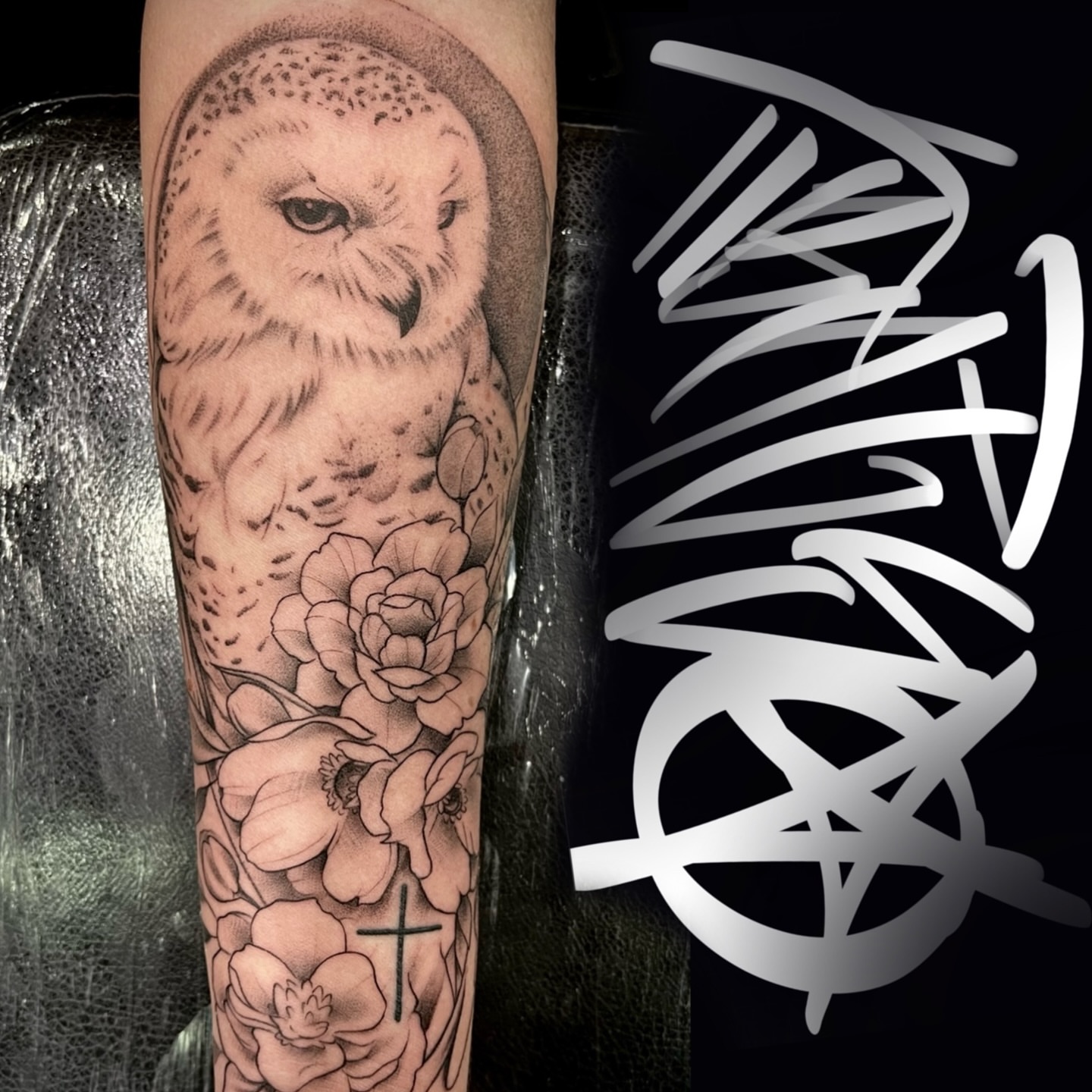 Owl and flowers realism tattoo on the forearm by Jericho Las Vegas tattoo artist, Las Vegas, Nevada