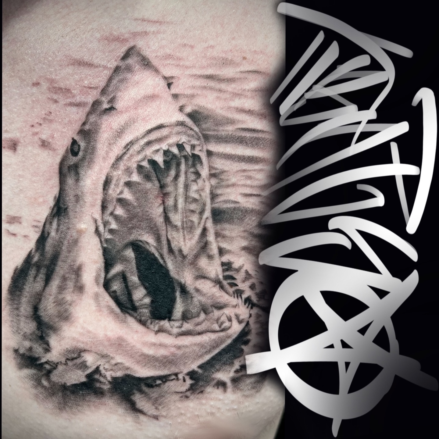 Great white shark realism tattoo on the chest by Jericho Las Vegas tattoo artist, Las Vegas, Nevada