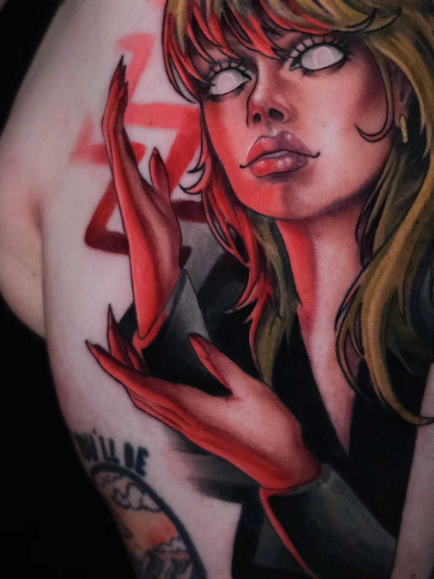 Anime character anime tattoo on the upper arm by Tash  - Seattle Tattoo Artist