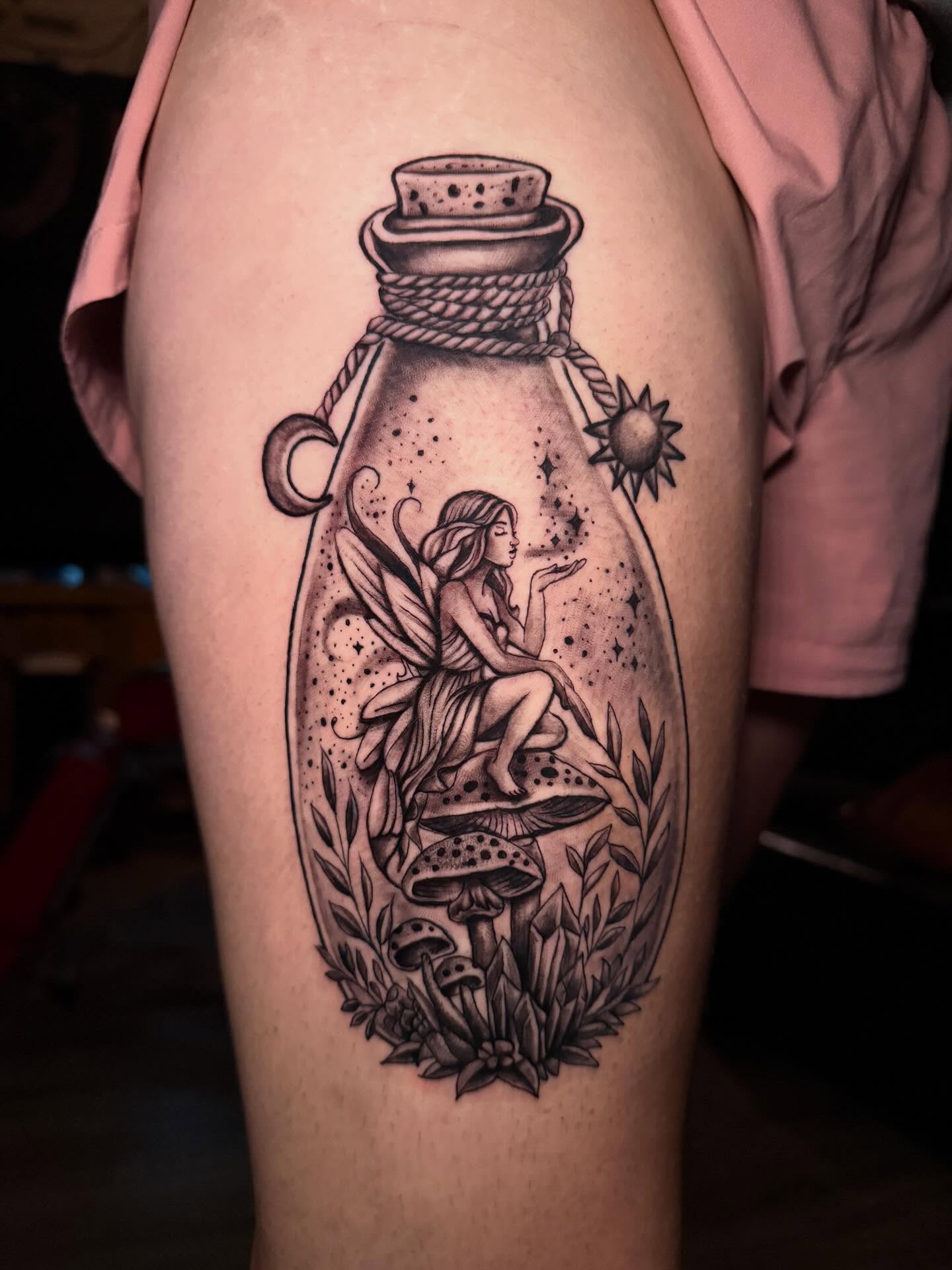Fairy in bottle dotwork tattoo on the thigh by Lucky Valenzuela, Lakewood, Colorado