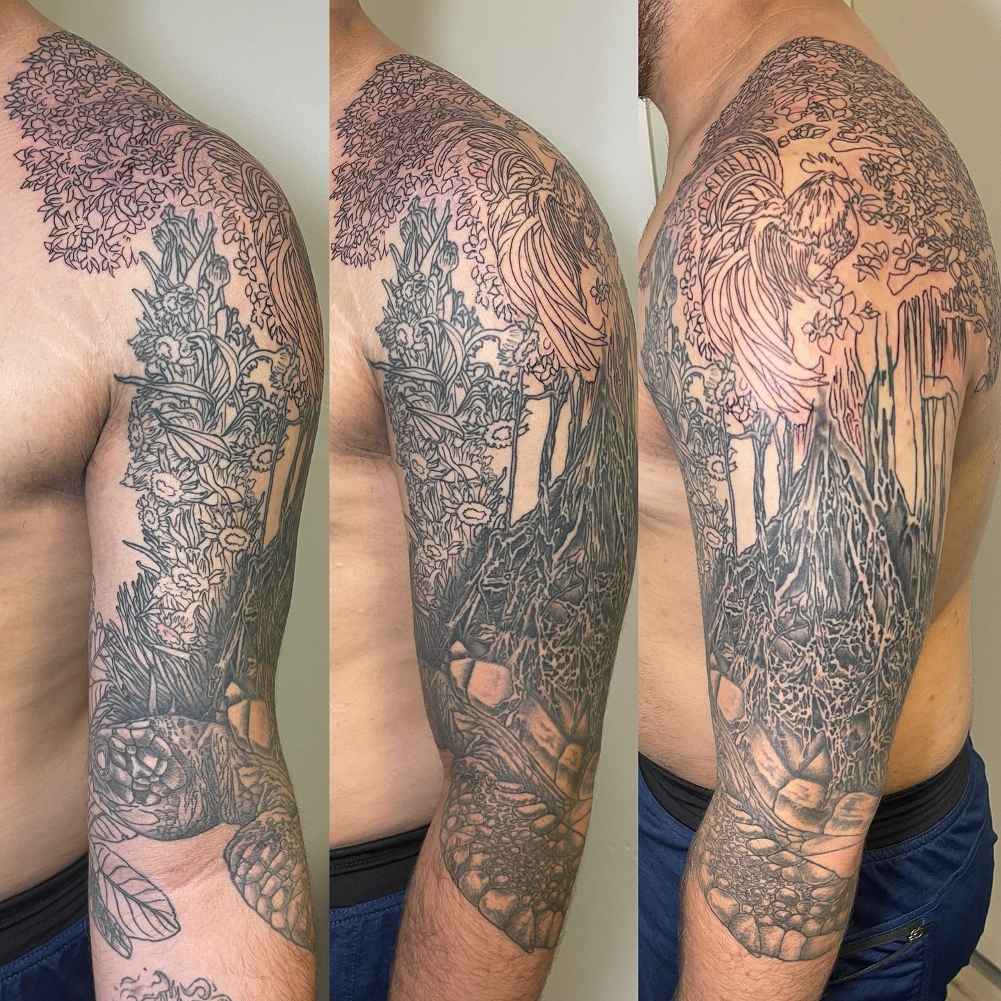 Forest scene realism tattoo on the upper arm by Ashley Antolin