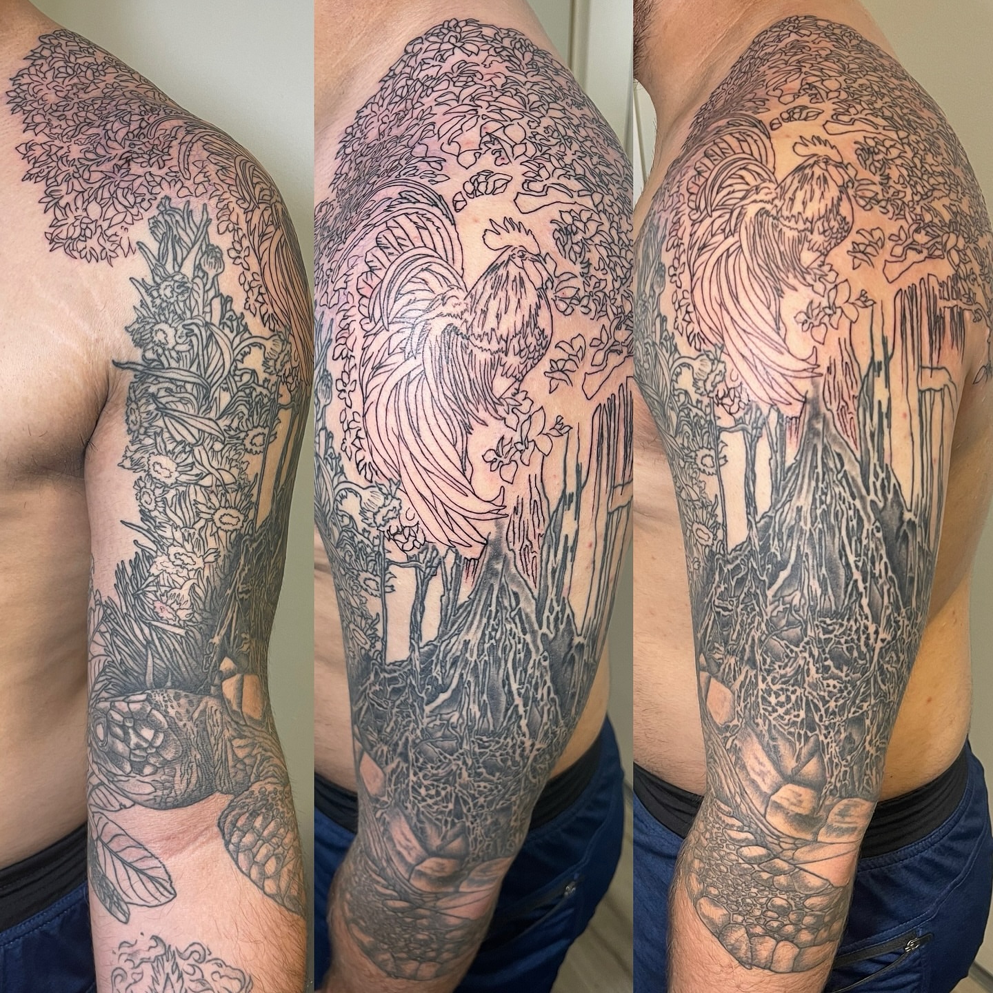 Rooster and garden realism tattoo on the upper arm by Ashley Antolin