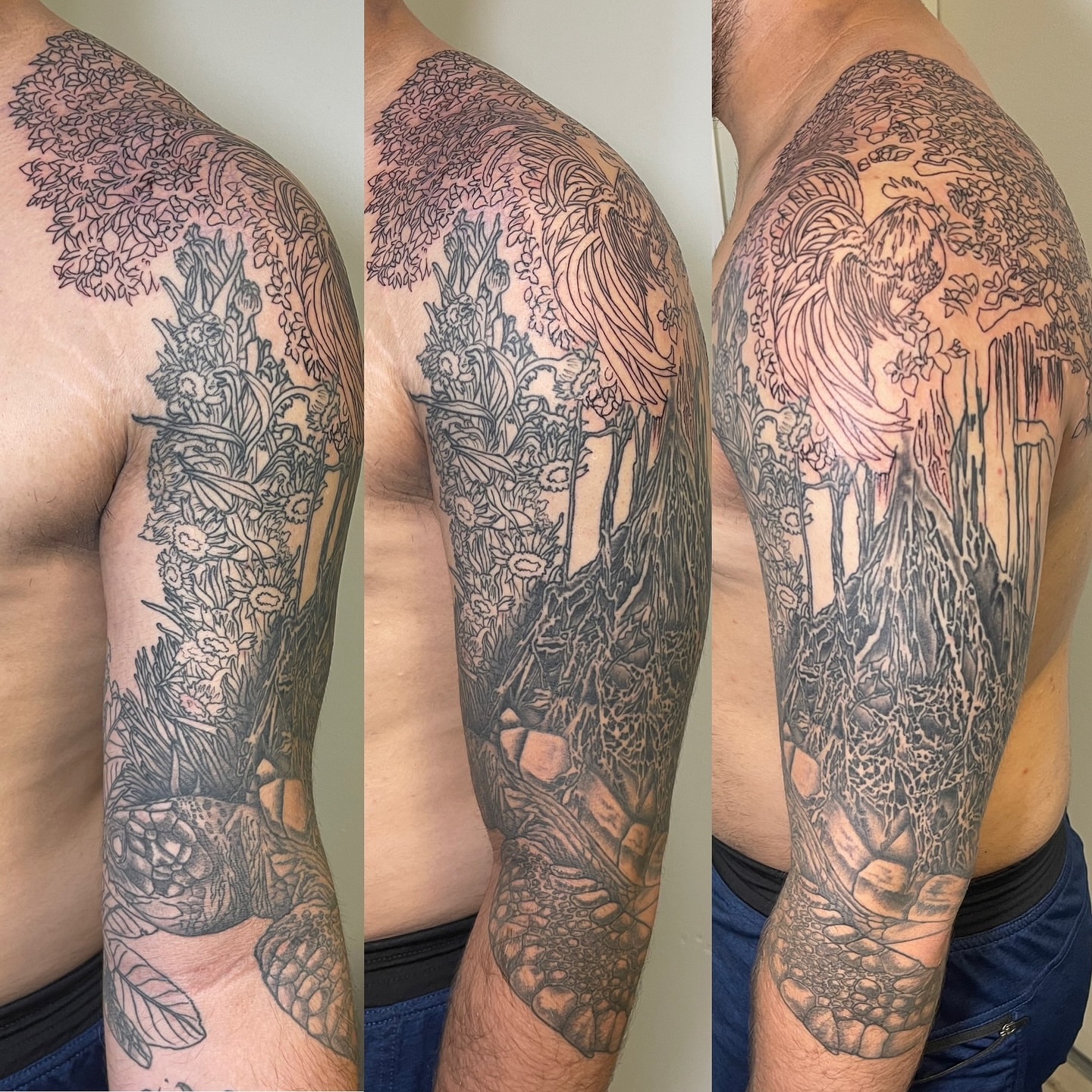 Forest scene realism tattoo on the upper arm by Ashley Antolin
