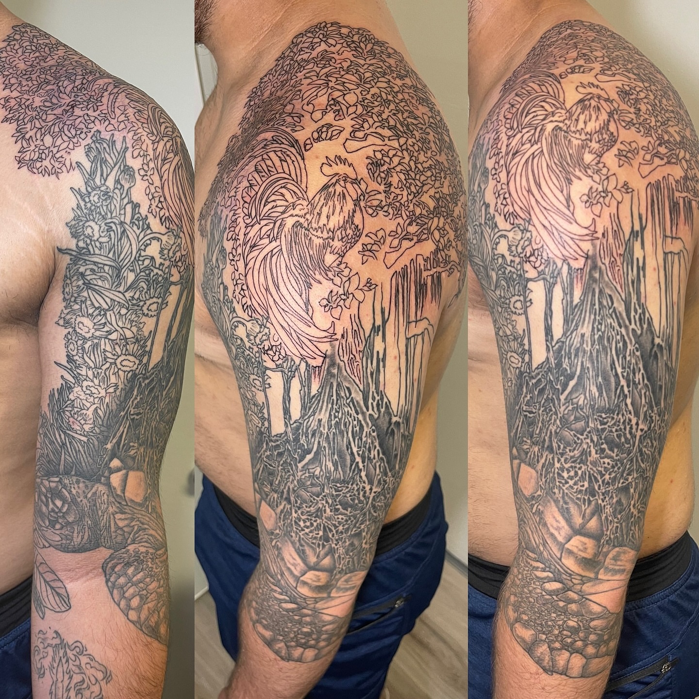 Forest scene realism tattoo on the upper arm by Ashley Antolin